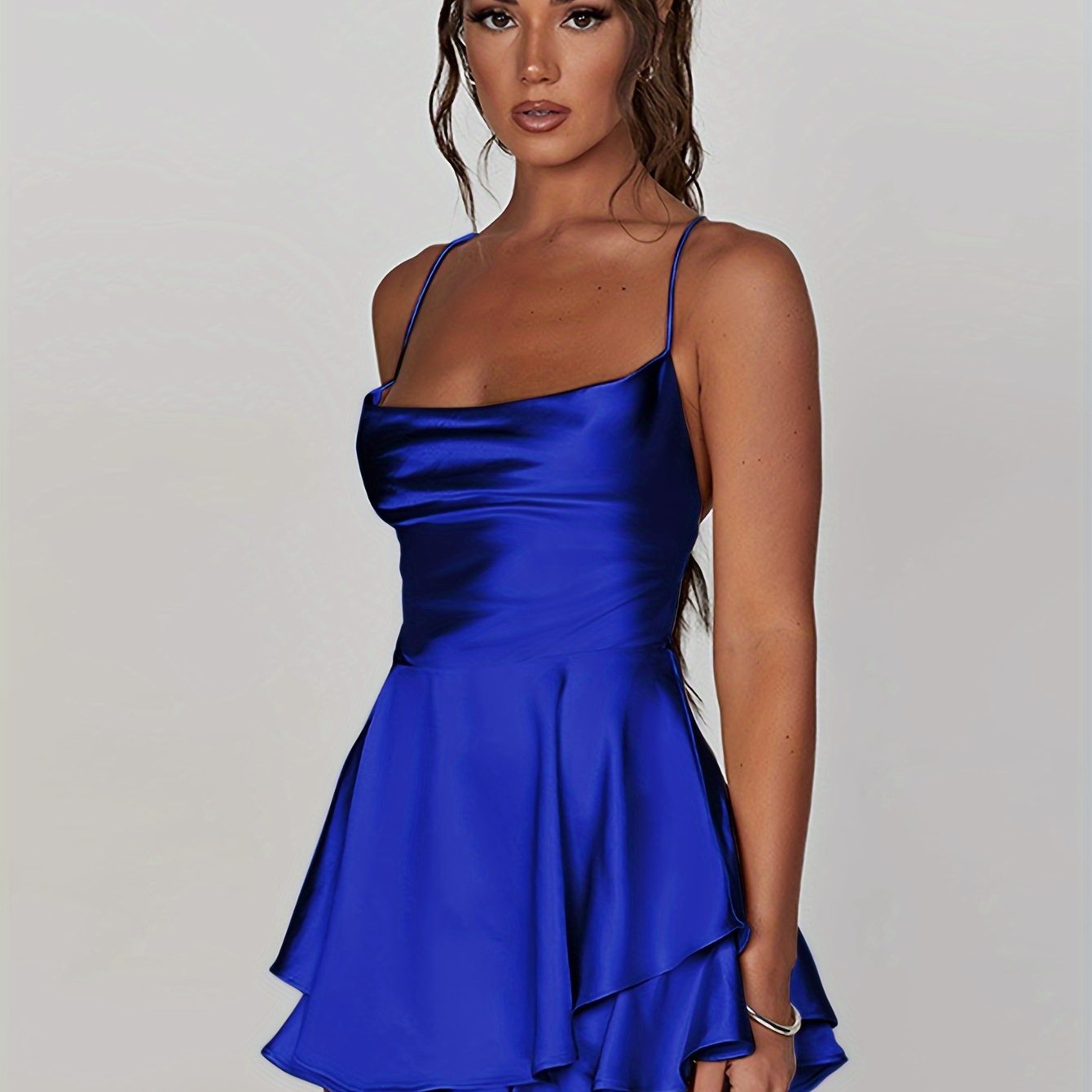 Mini Backless Ruffle Slingback Dress - Elegant Square Neck, High Elasticity Polyester, Solid Color, Knit Fabric, Perfect for Coquette Y2K Style Party Dressing - Womens Clothing for All Seasons