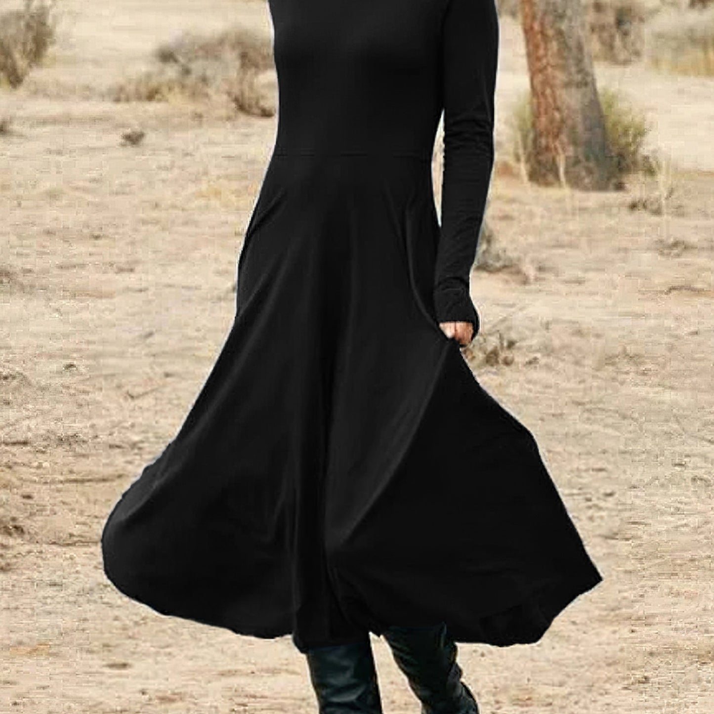 Midi Solid High Neck Long Sleeve Elegant Daily Dress for Women - Comfortable, Versatile, and Chic Clothing for Work, Date, or Casual Occasions - Perfect for Spring, Summer, and Autumn Seasons