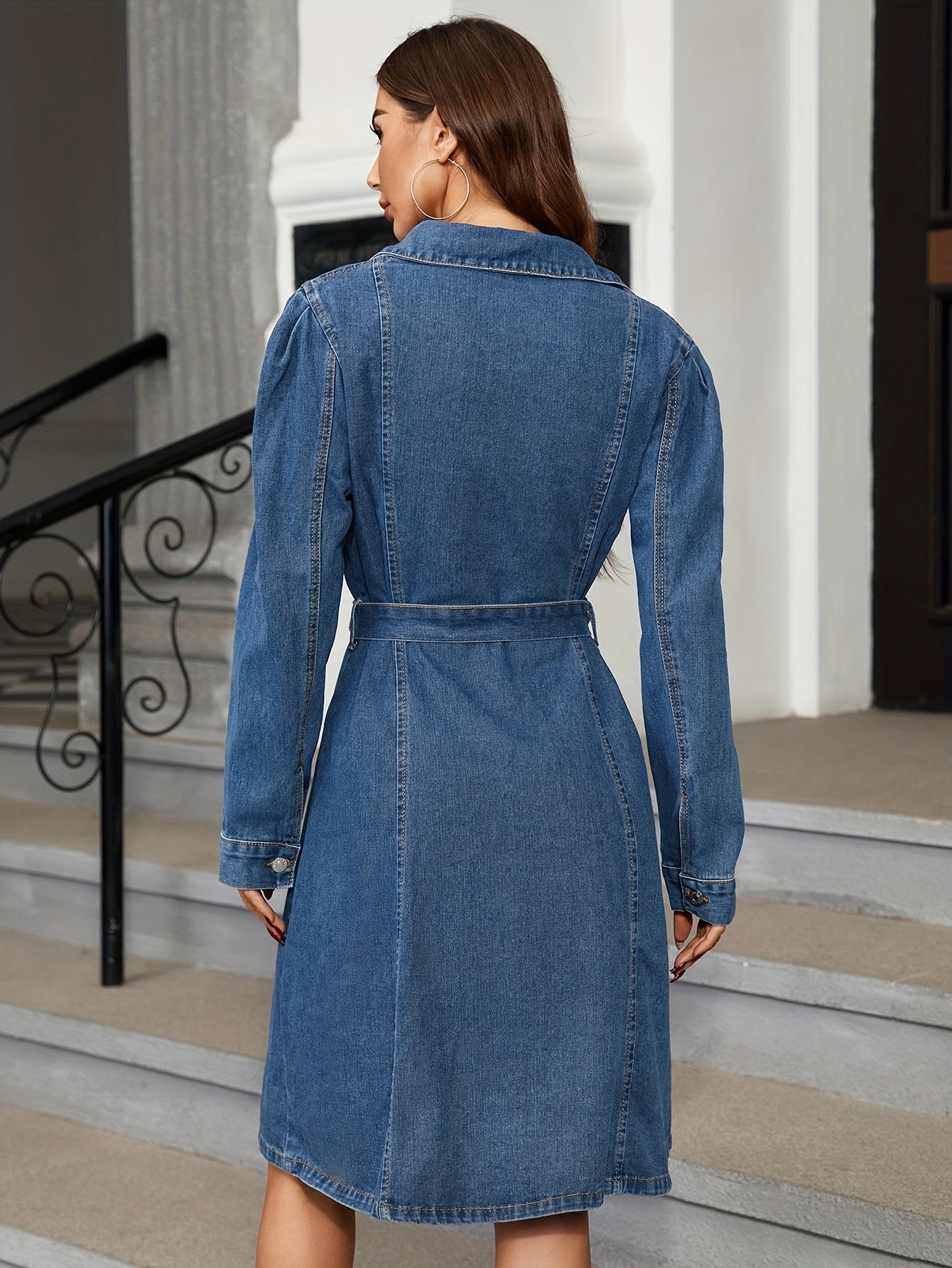 Blue Long Sleeves Denim Dress, Single Breasted Button With Waistband Lapel Denim Dress, Women's Denim Clothing