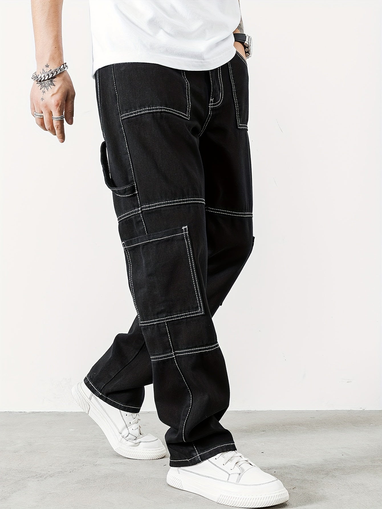 Mens Casual Cargo Pants with Spacious Pockets - Comfortable Straight Leg, Loose Fit Denim Style - Perfect for Outdoor Adventures, Trendy K-pop Inspired