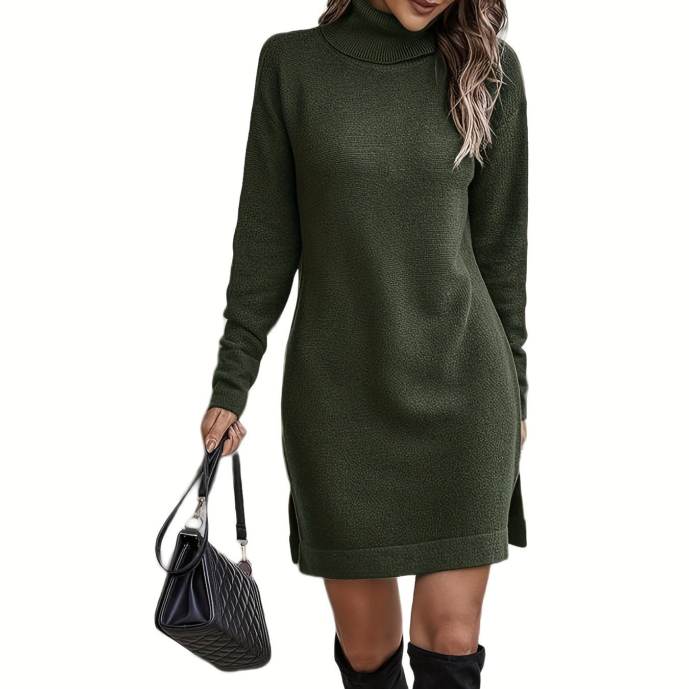 Turtle Neck Slit Side Sweater Dress, Casual Long Sleeve Knitted Dress For Fall & Winter, Women's Clothing