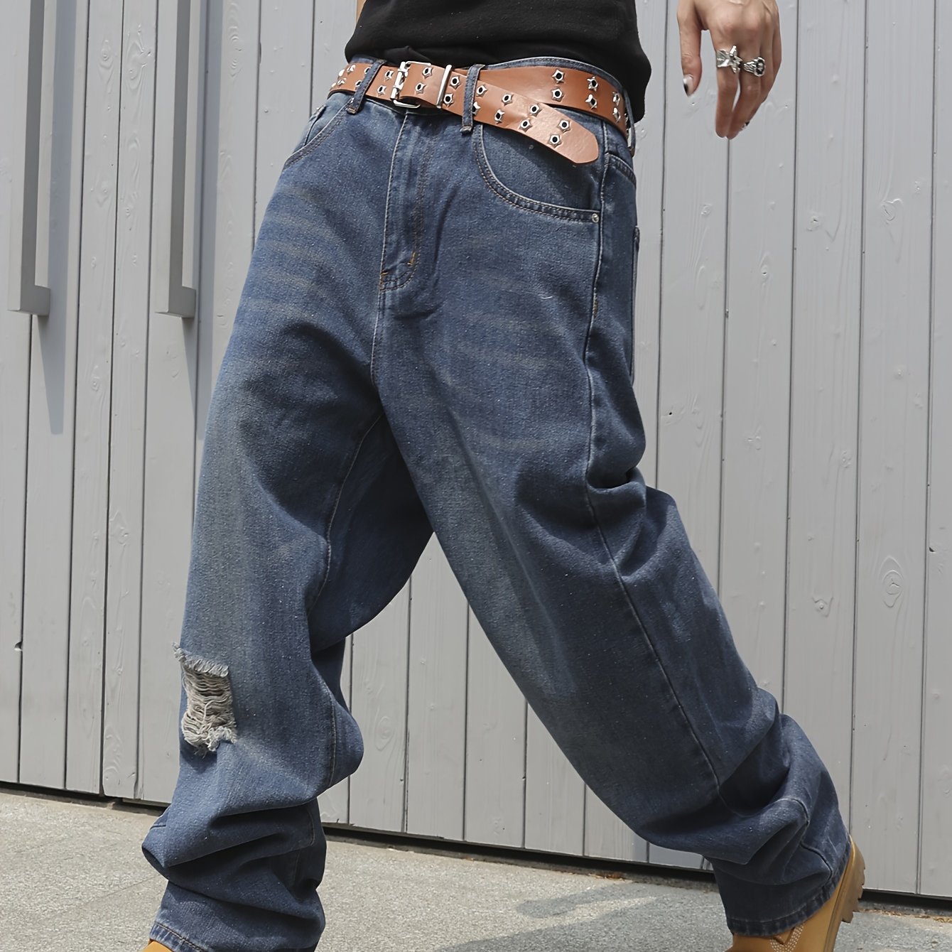 Men's Cotton Blend Chic Daily Ripped Baggy Jeans, Hip Hop Style Loose Fit Streetwear Denim Jeans