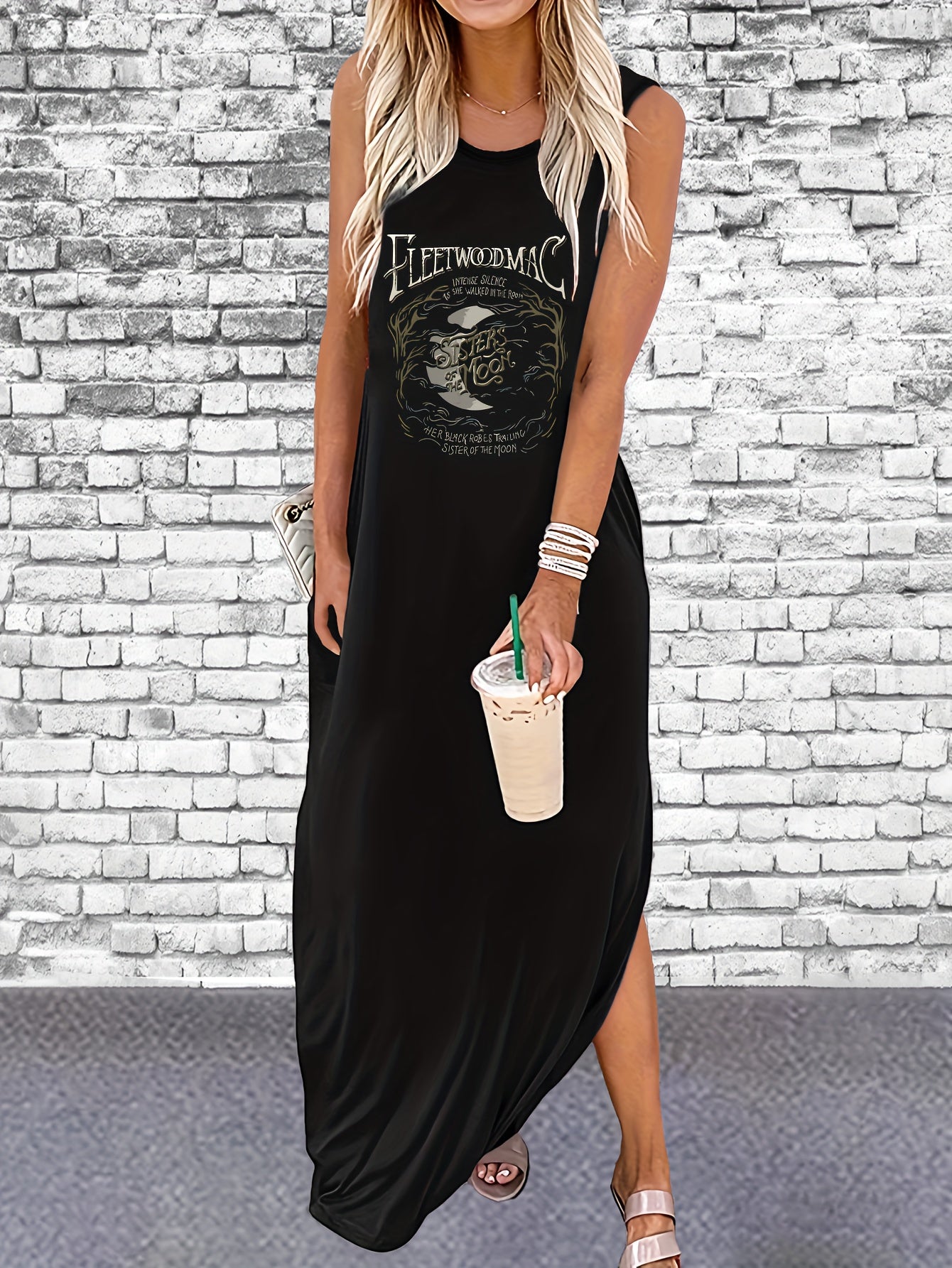 Fleet Wood Mac Print Sleeveless Tee Dress, Casual Tank Dress For Spring & Summer, Women's Clothing