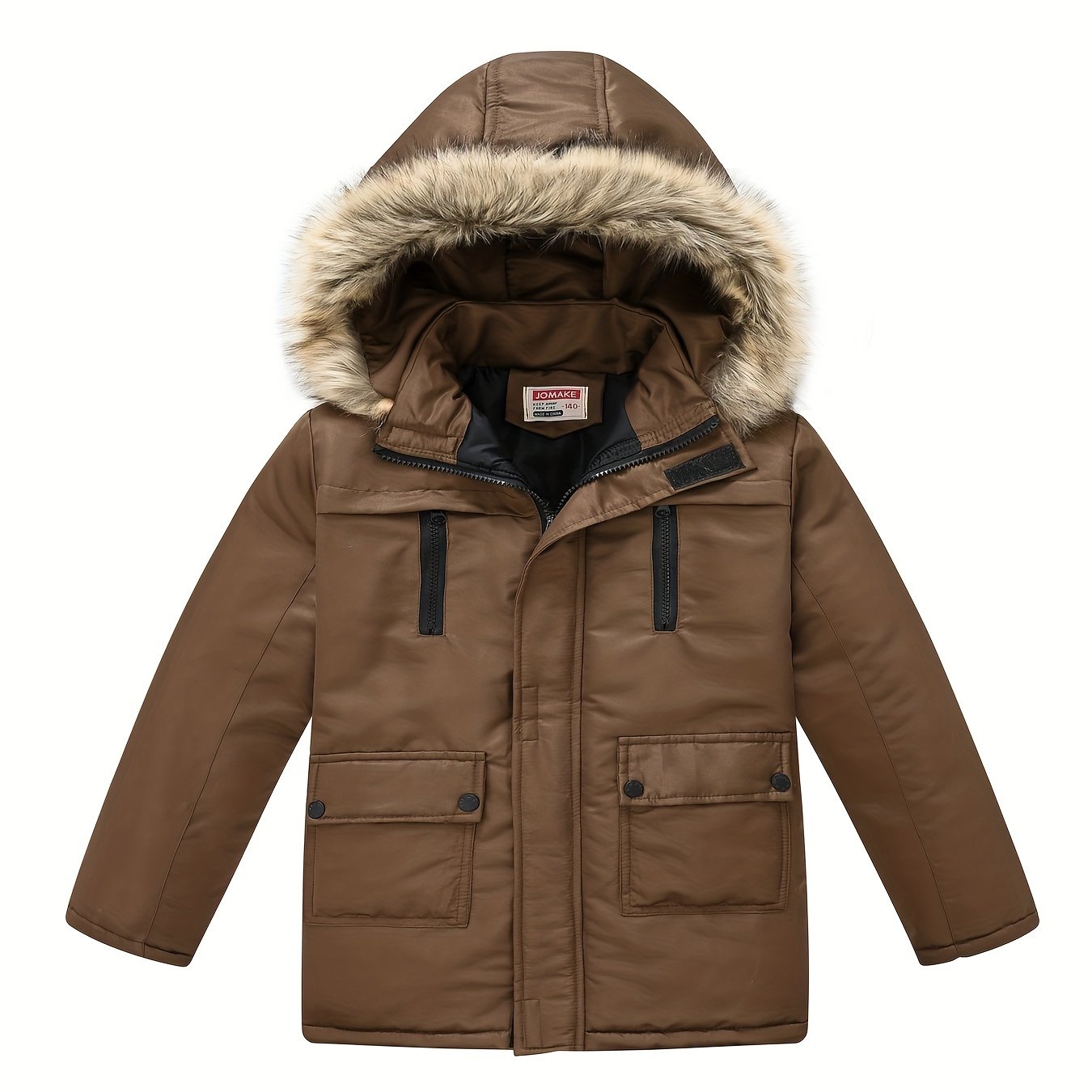 Teenagers Lapel Collar Winter Coat - Detachable Hood, Zipper Closure, Polyester Fabric, Regular Fit, Hand Washable - Solid Color, Casual Style, Woven Construction