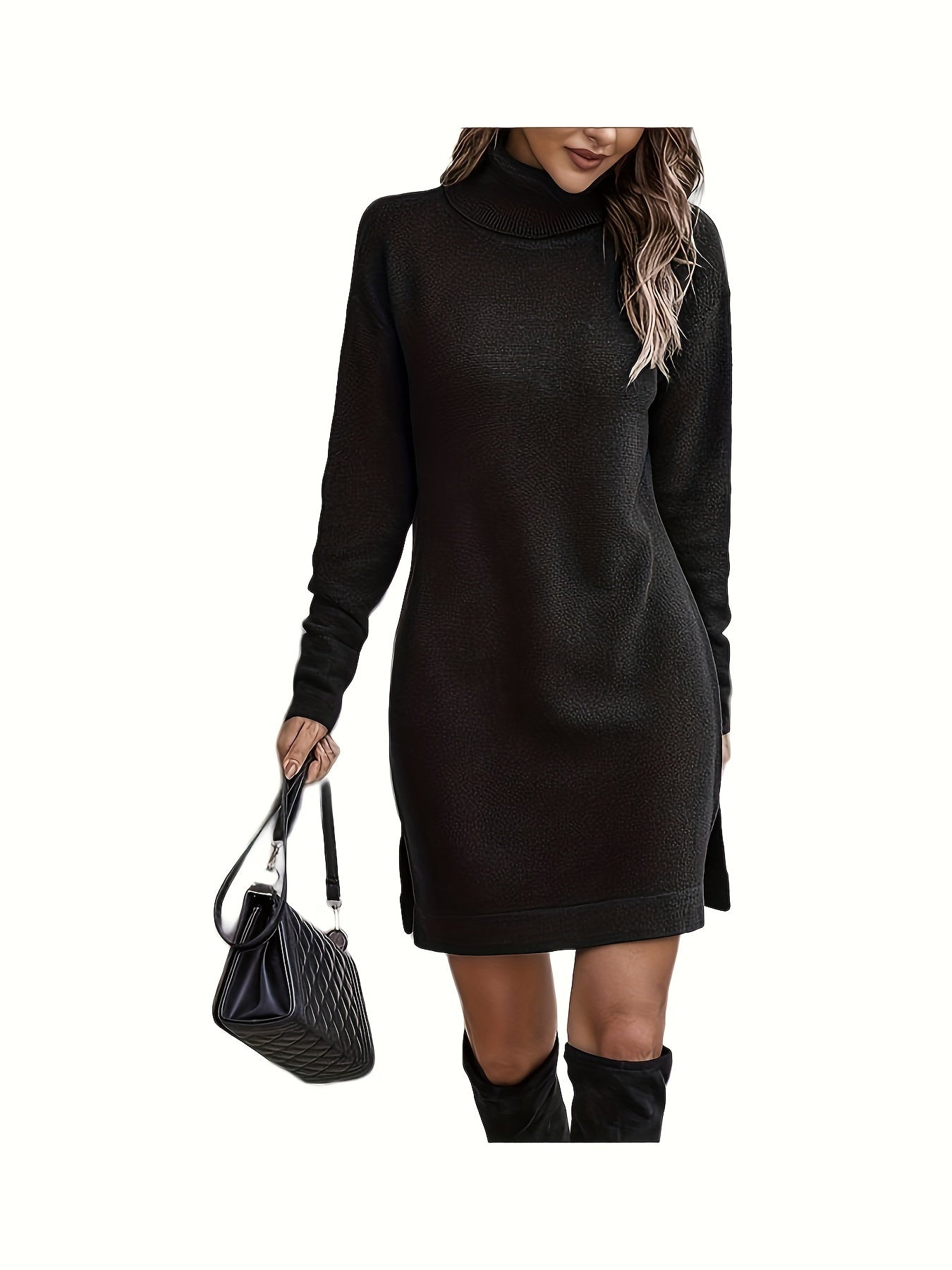 Turtle Neck Slit Side Sweater Dress, Casual Long Sleeve Knitted Dress For Fall & Winter, Women's Clothing