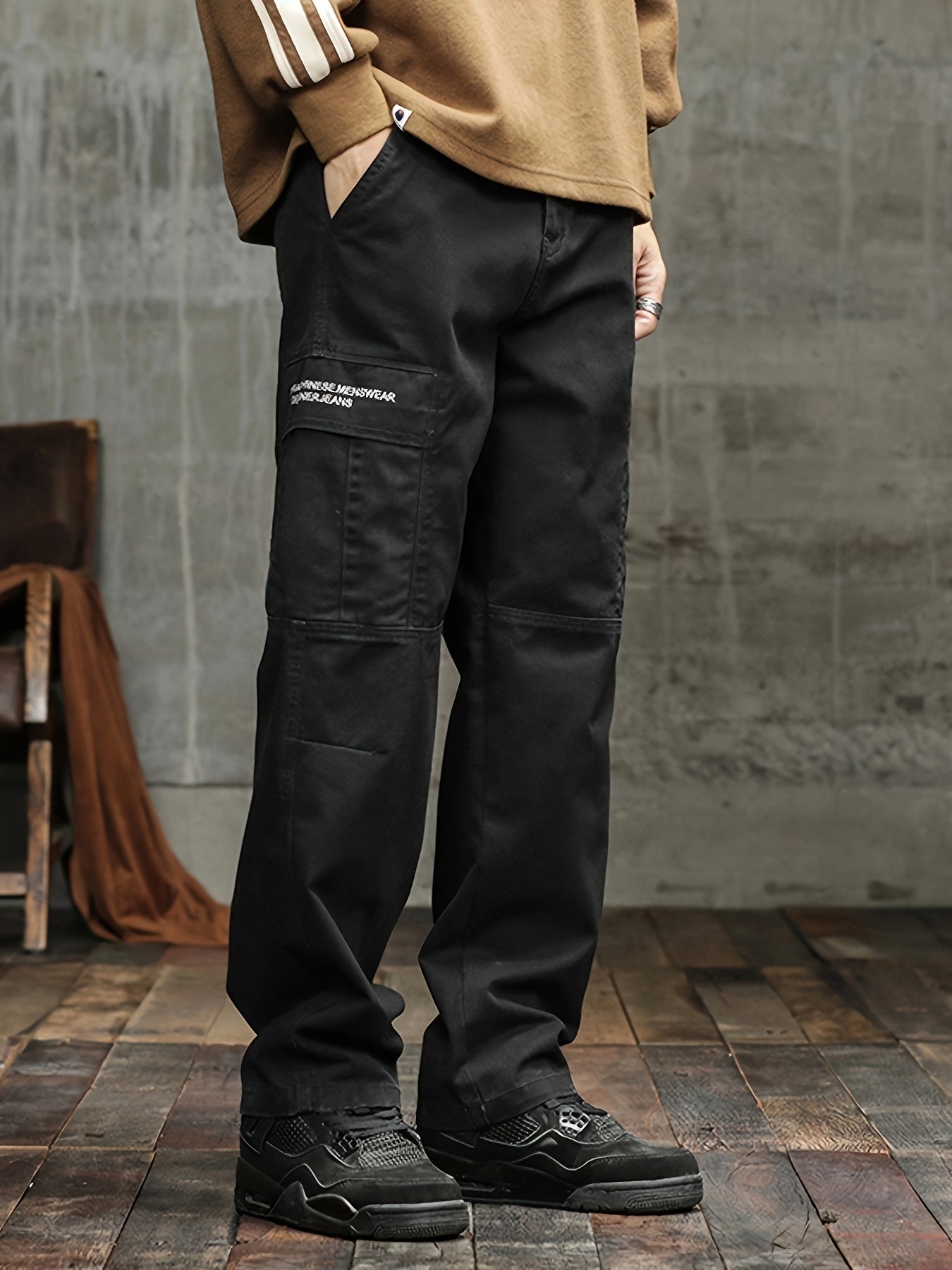 Men's Stylish 100% Cotton Loose Solid Pants With Pockets, Casual Breathable Comfy Trousers For City Walk Street Hanging Outdoor Activities