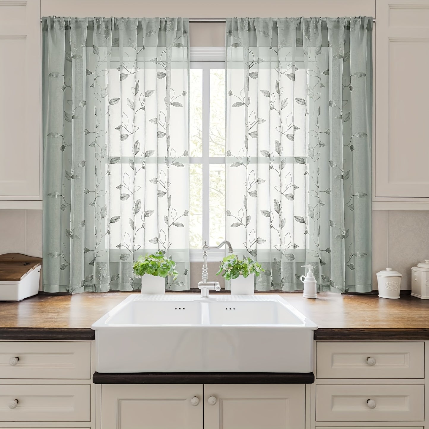 2pcs Sheer Curtains With Embroidery Leaf Pattern, Rod Pocket Faux Linen Floral Semi Curtains Voile Window Curtains Kitchen Curtains, Drapes for Bedroom Living Room