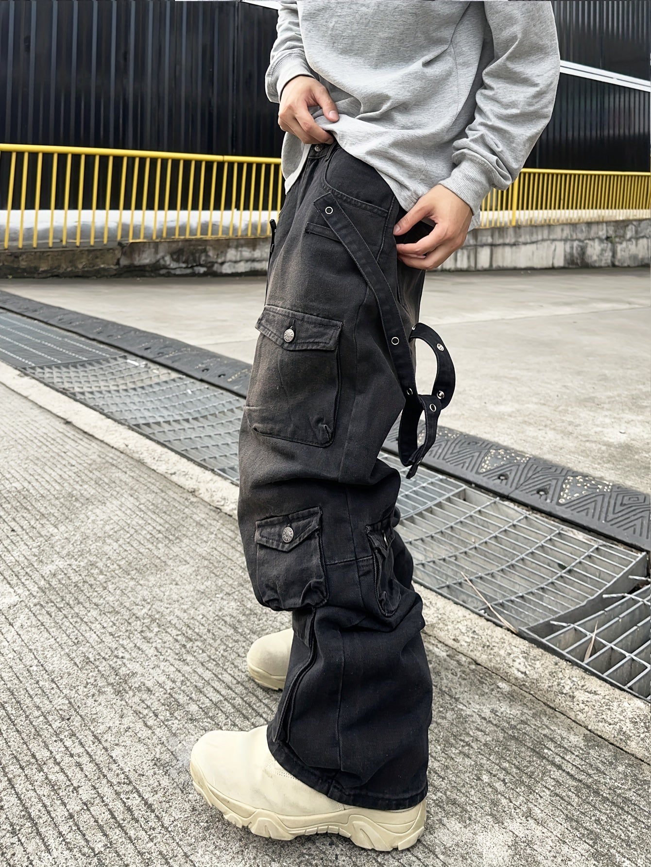 Men's Casual Loose Fit Cotton Denim Cargo Pants - All-Season Wear, Drawstring Waist