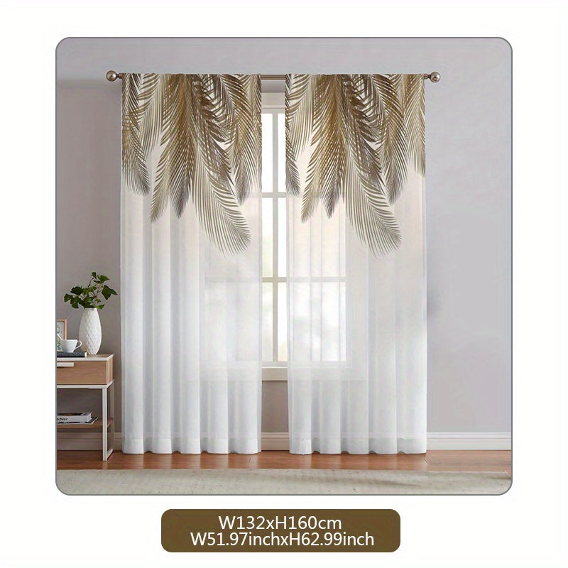 2pcs Yellow Feather Pattern Curtain, Rod Pocket Window Treatment For Bedroom Office Kitchen Living Room Study Home Decor