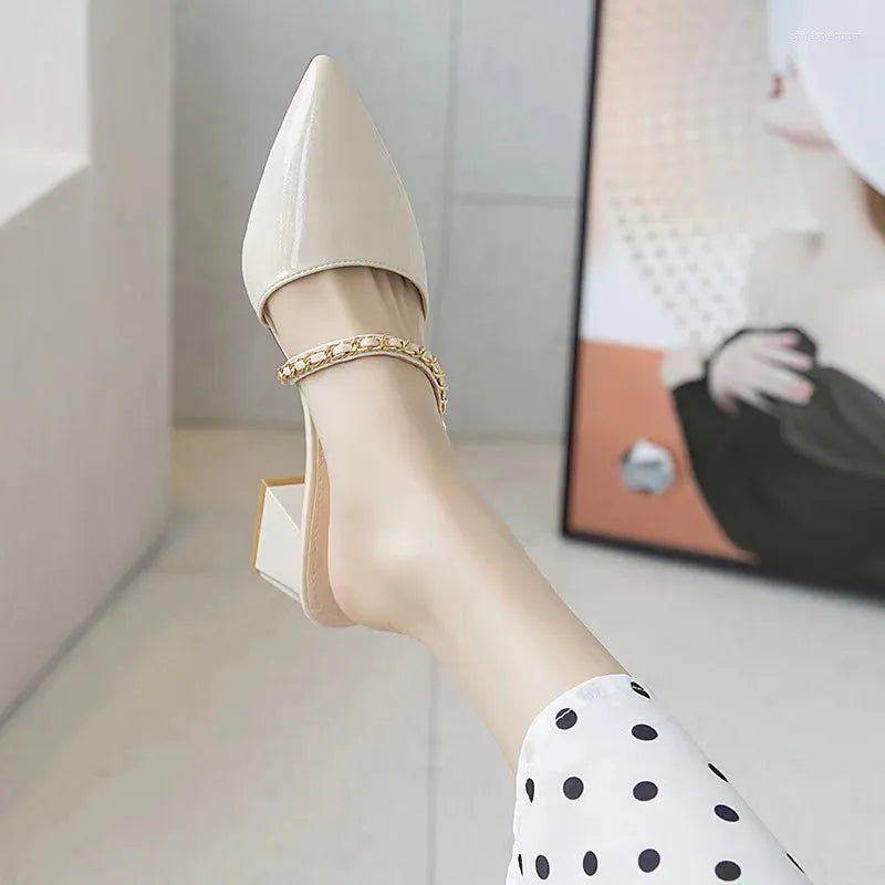 Slippers Summer Fashion Baotou Half Women Wear Pointed Thick Heel Women's Shoes In
