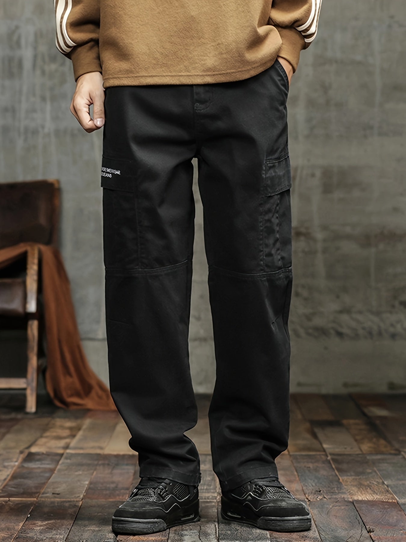 Men's Stylish 100% Cotton Loose Solid Pants With Pockets, Casual Breathable Comfy Trousers For City Walk Street Hanging Outdoor Activities