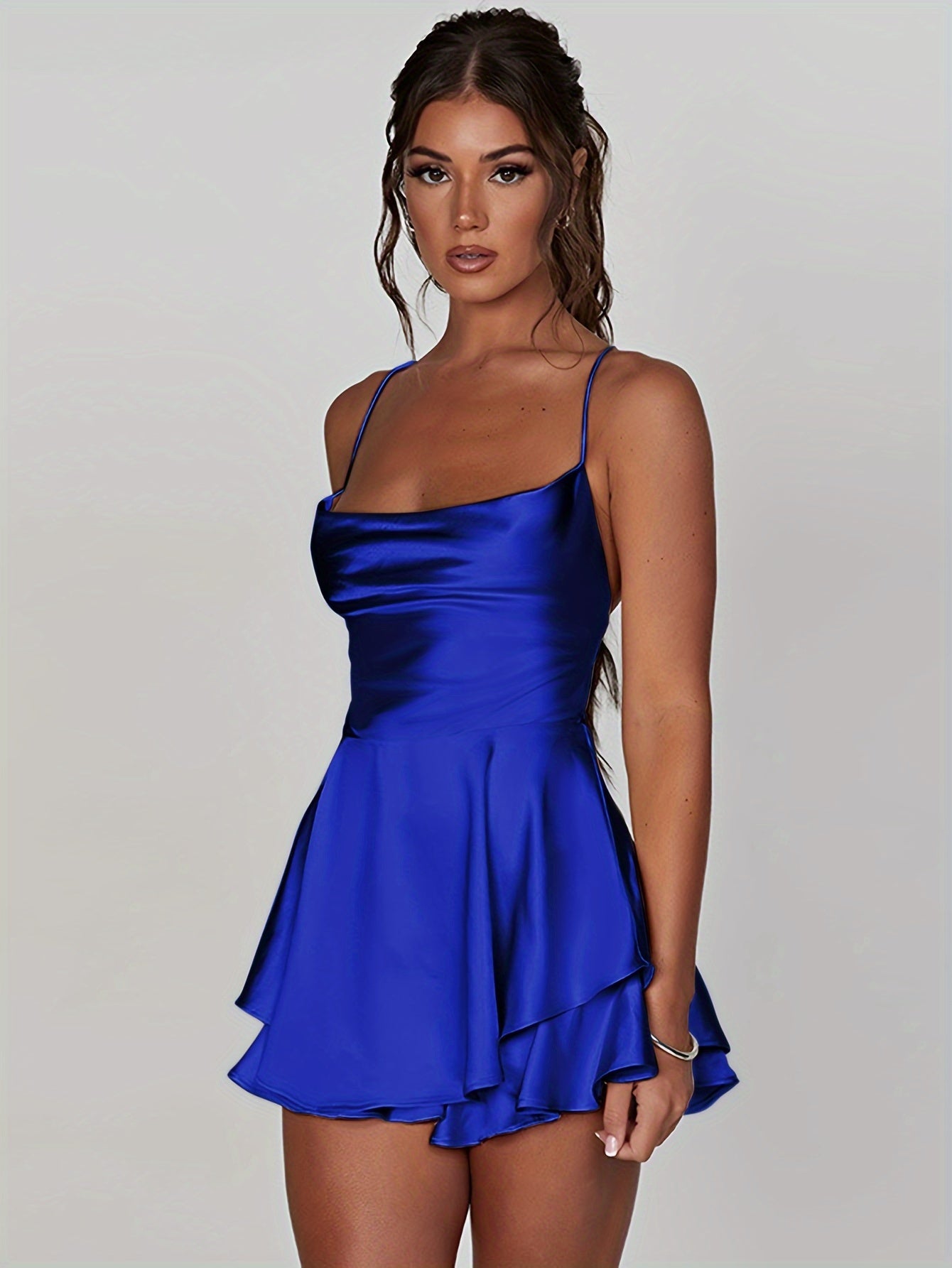 Mini Backless Ruffle Slingback Dress - Elegant Square Neck, High Elasticity Polyester, Solid Color, Knit Fabric, Perfect for Coquette Y2K Style Party Dressing - Womens Clothing for All Seasons