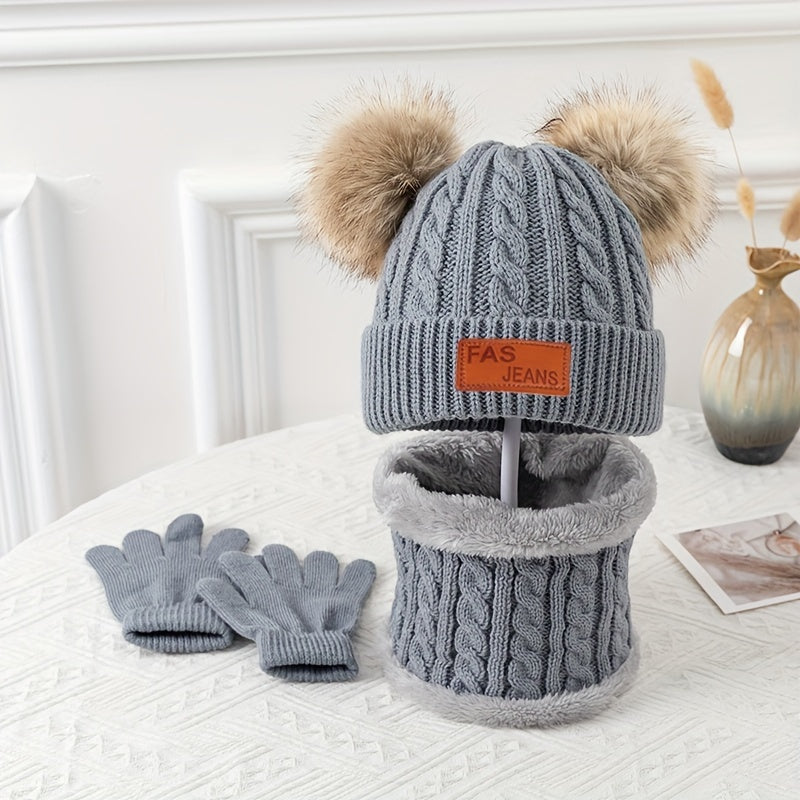 2pcs+1pair Winter Warm Double Fur Ball Knitted Hat, Neck Scarf And Gloves For Winter