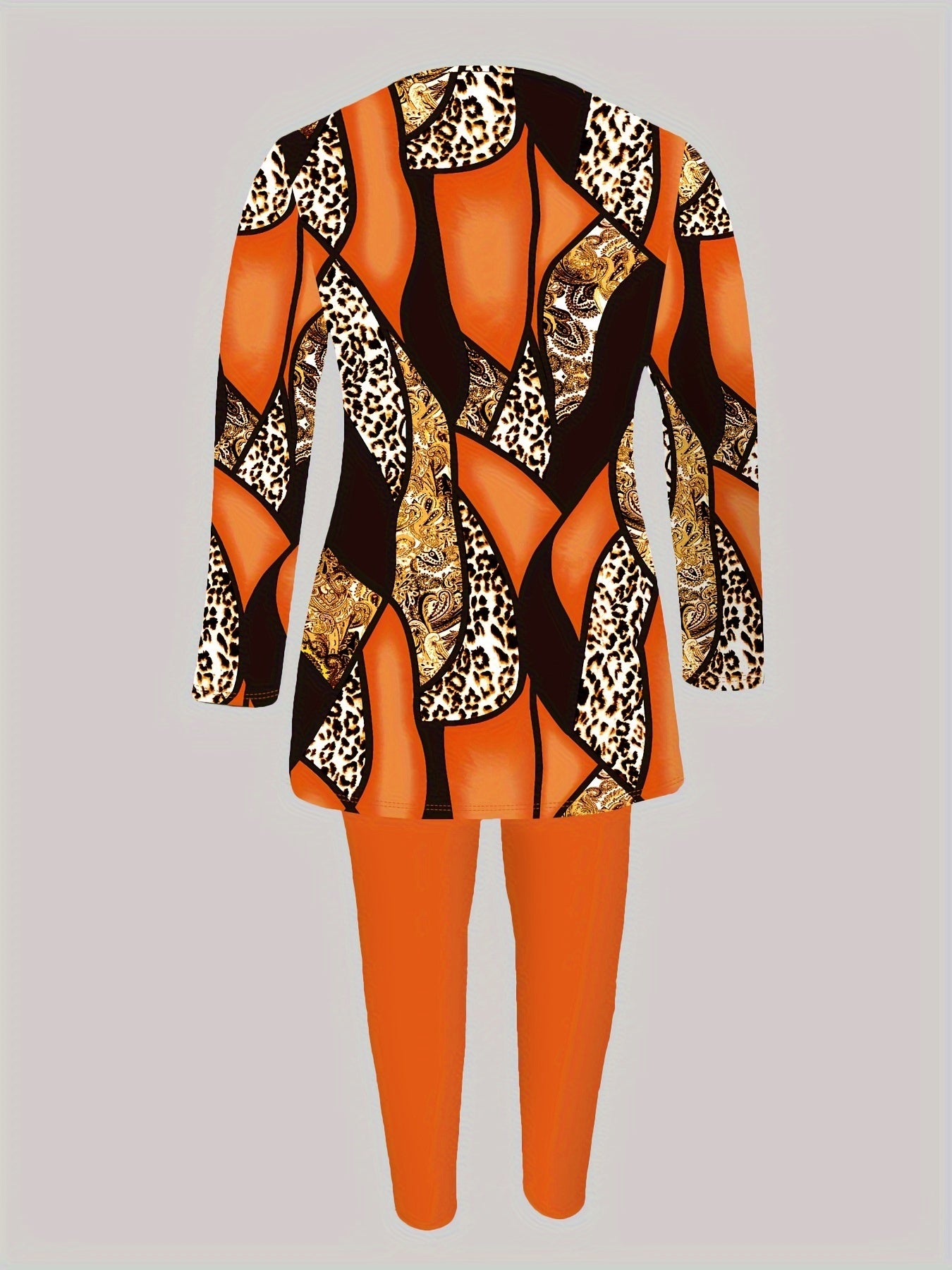 Trendy Two-Piece Leopard Print Outfit - Crew Neck Long Sleeve T-Shirt with Soft Fabric, Skinny Leggings with Stretchy Waistband, Comfortable Women's Clothing for Casual Daily Wear