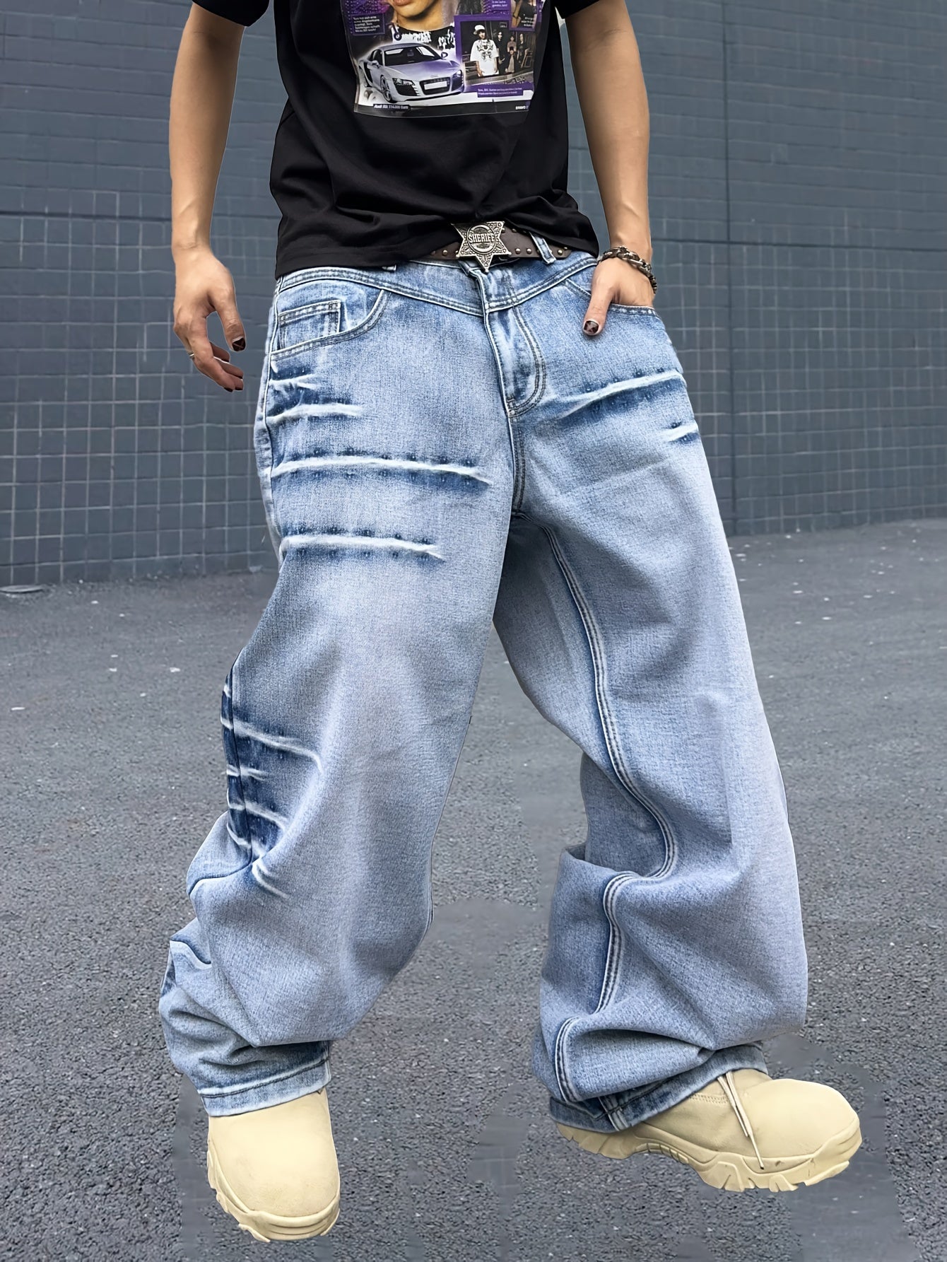 Men's Fashion Retro Washed Lightning Stripe Casual Loose Fit Cotton Blend Jeans with Pockets - Woven, Non-Stretch, Solid Color, Regular Length for Spring/Fall