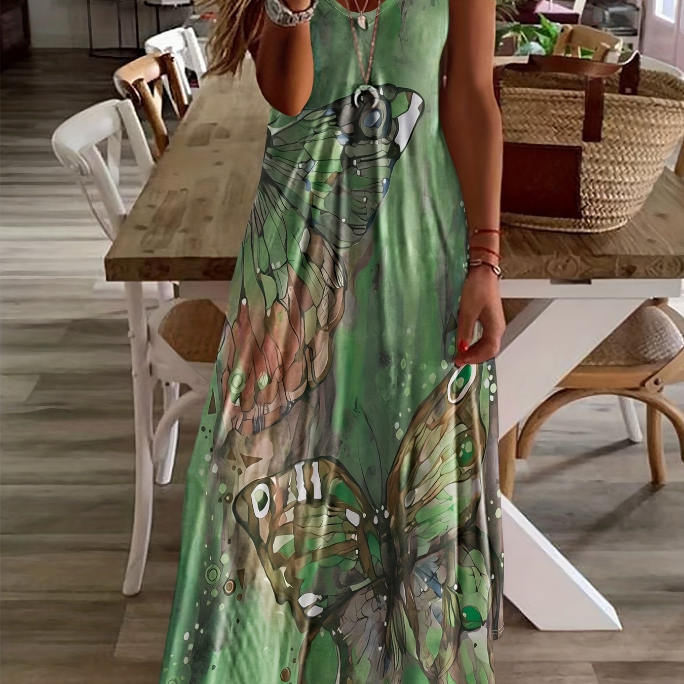 Butterfly Print V-Neck Casual Dress - Lightweight & Feminine for Spring & Summer - Short Sleeve, Comfortable Fit - Trendy Womens Clothing for Warm Weather