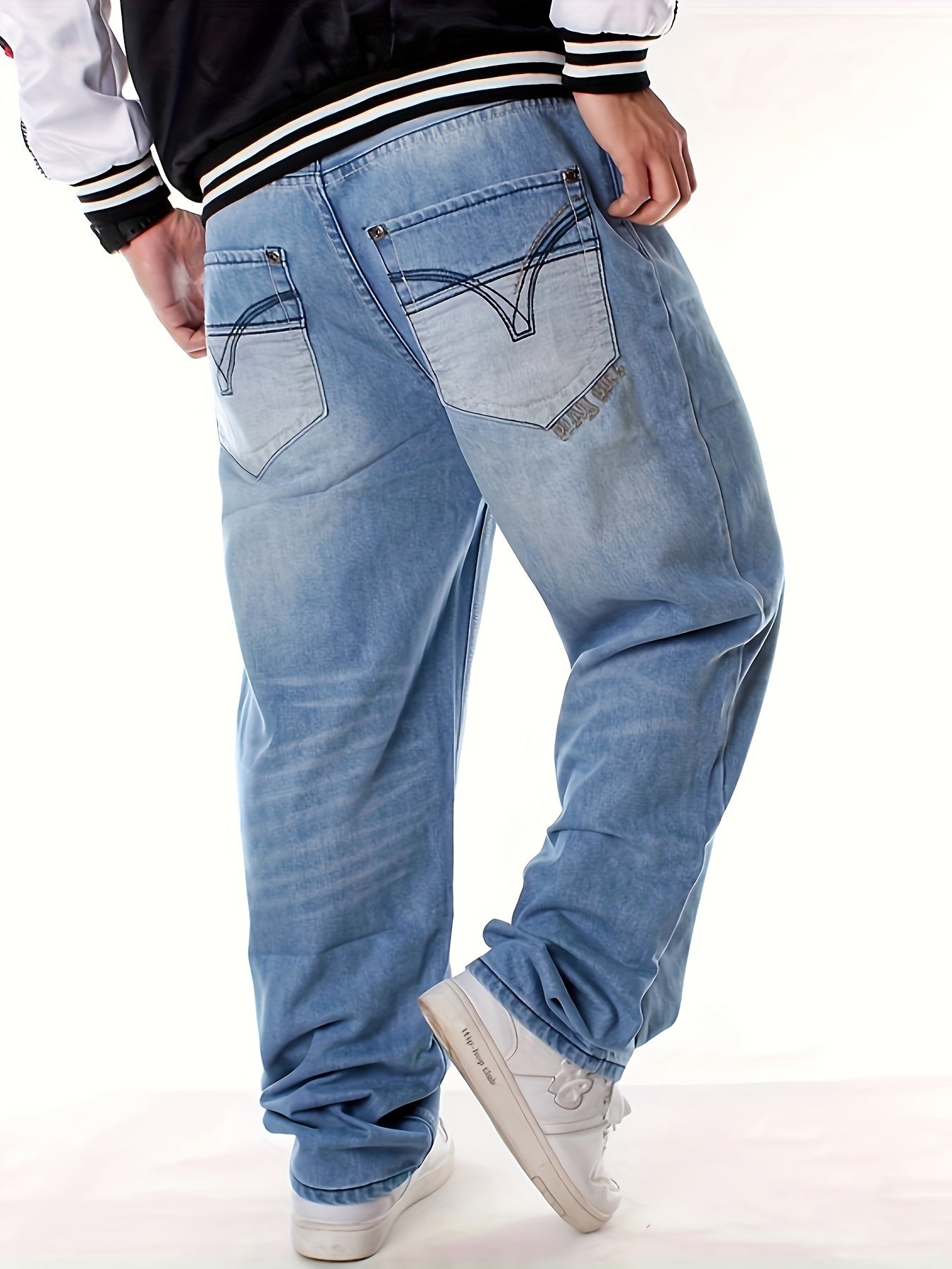 Men's Loose Solid Denim Trousers With Pockets, Causal Cotton Blend Jeans For Outdoor Activities