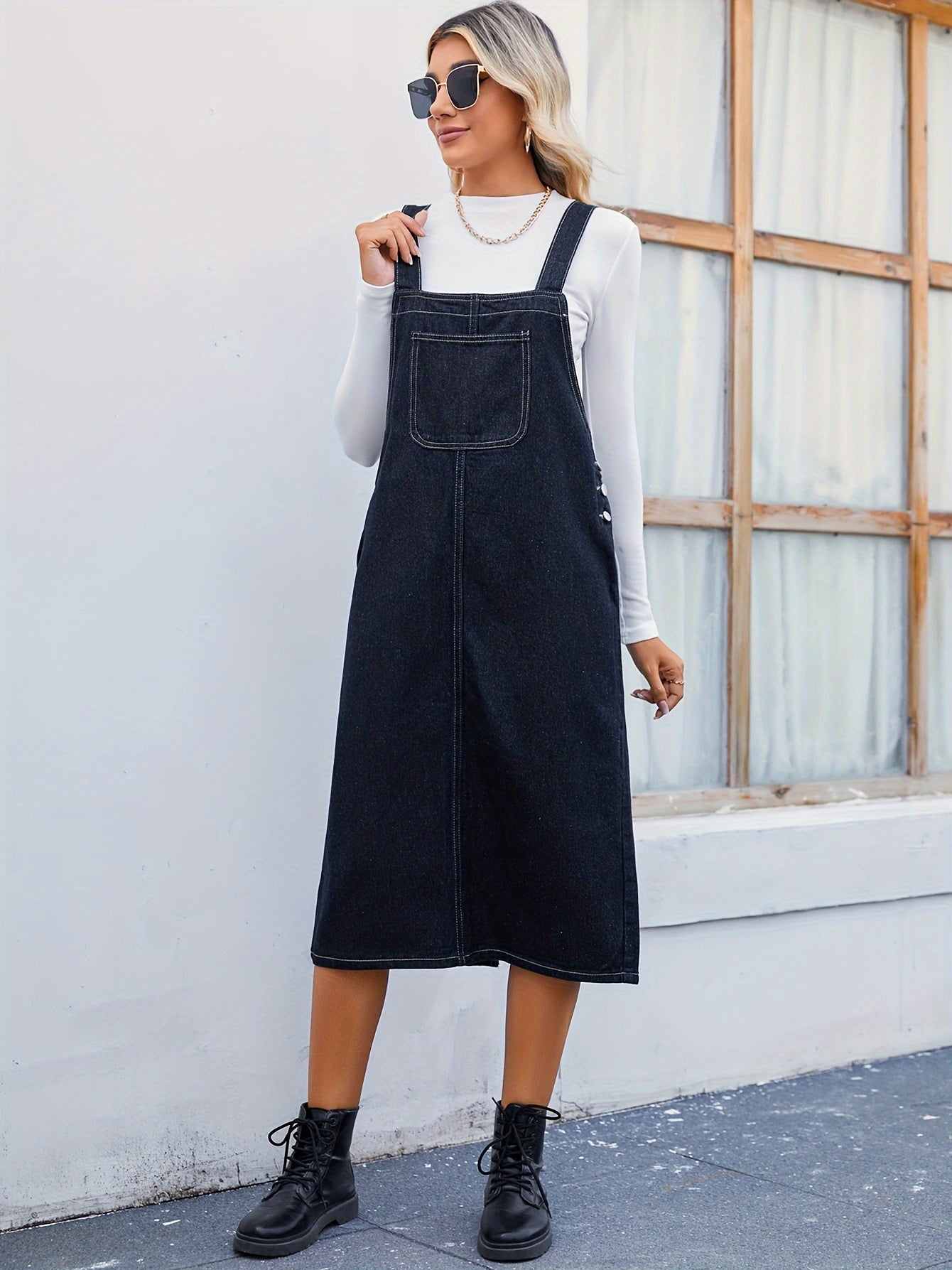 Plain Dark Washed Blue Loose Fit Denim Overall Dress, Patch Pocket Versatile Casual Denim Dress, Women's Denim Jeans & Clothing