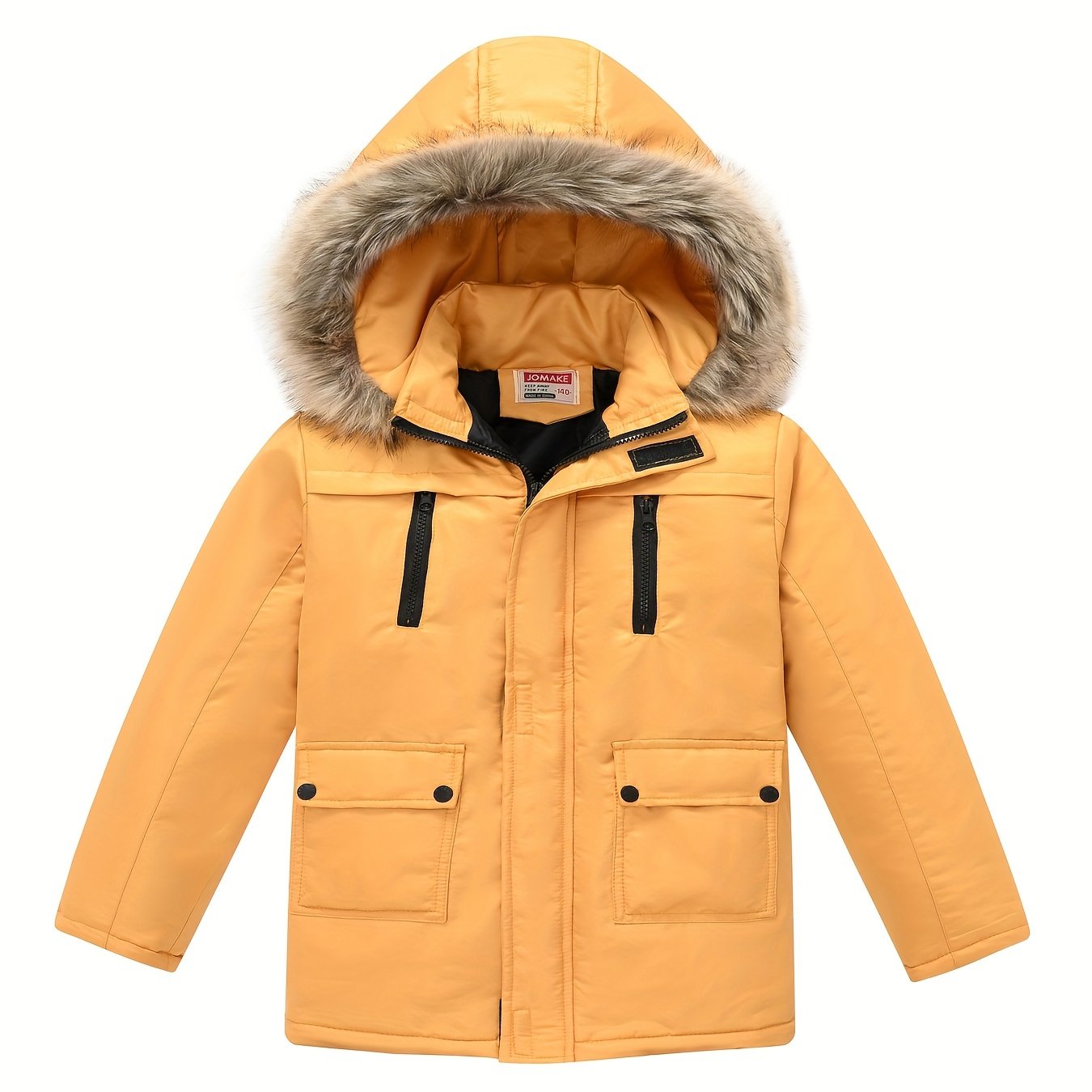 Teenagers Lapel Collar Winter Coat - Detachable Hood, Zipper Closure, Polyester Fabric, Regular Fit, Hand Washable - Solid Color, Casual Style, Woven Construction