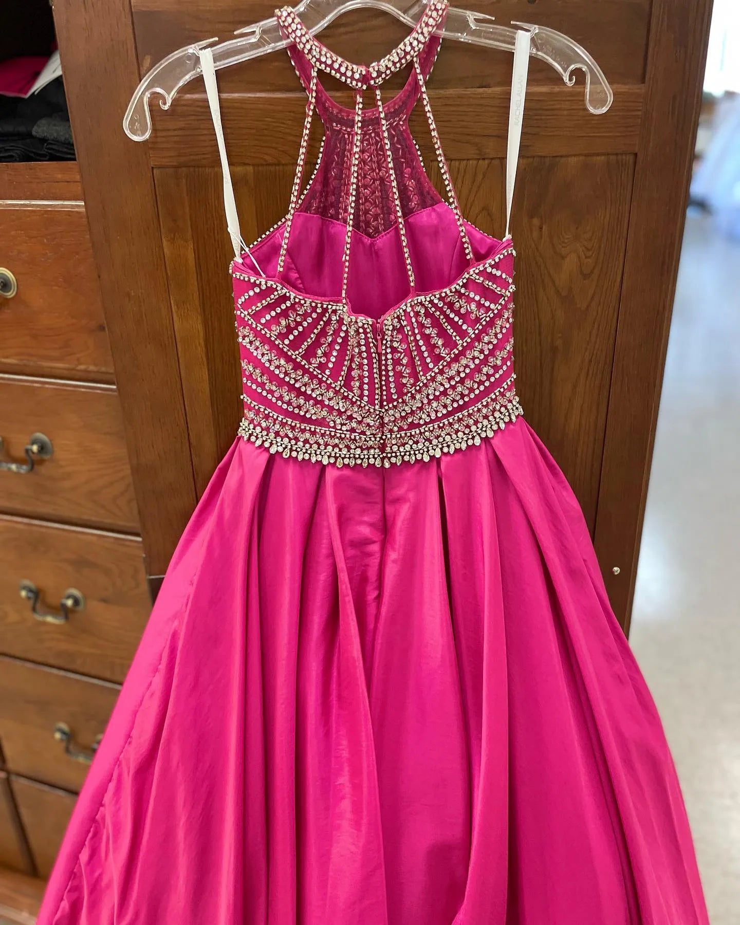 Little Miss Pageant Dress for Teens Junior Toddler Beading AB Stones Crystal Long Girl Pageant Gown Formal Party Runway Red Carpet ritzee Fuchsia Taffeta Halter