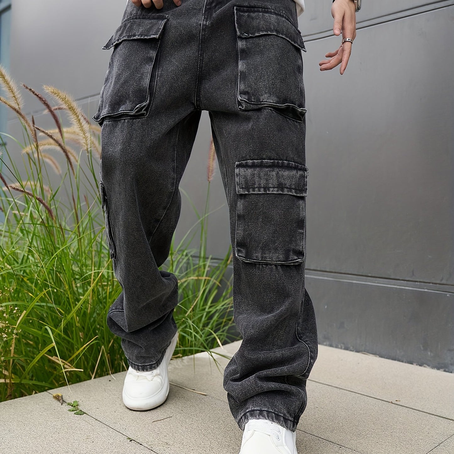Mens Casual Loose Cargo Jeans - Solid Cotton Blend with Adjustable Drawstring & Multiple Pockets - All Seasons, Rugged for Outdoor, Leisure, and Work Wear