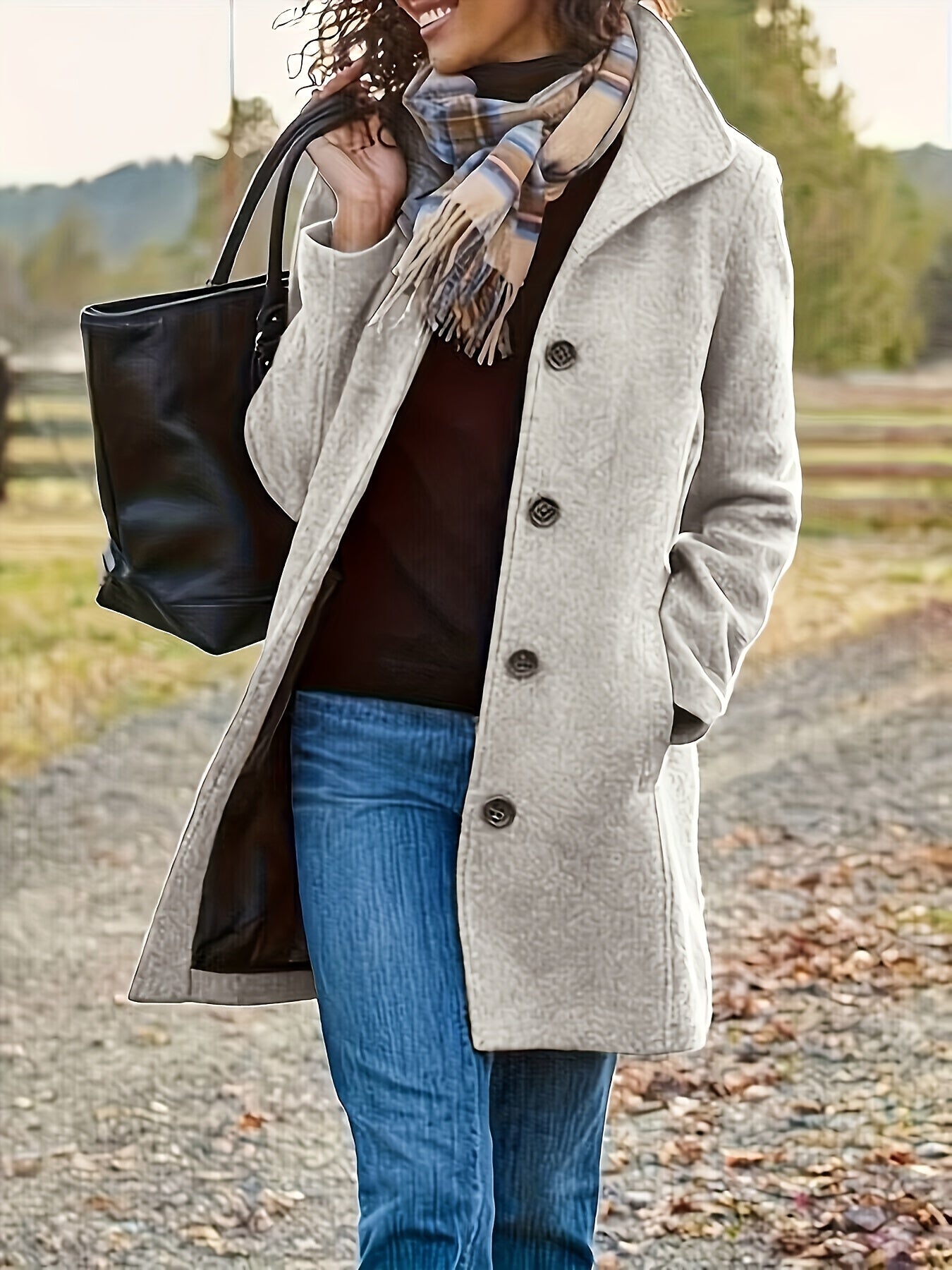 Solid Single Breasted Coat, Casual Long Sleeve Fall & Winter Outerwear, Women's Clothing