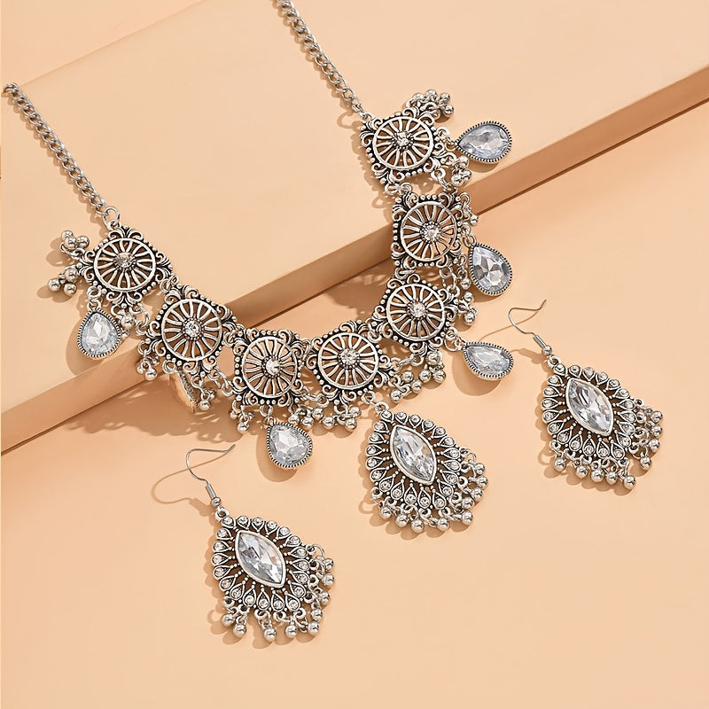 Enchanting Vintage Floral Gemstone Jewelry Set - Dazzling Dangle Earrings & Necklace - Premium Silver Plated, Ethnic Style - Perfect Womens Gift for Eid or Any Special Occasion