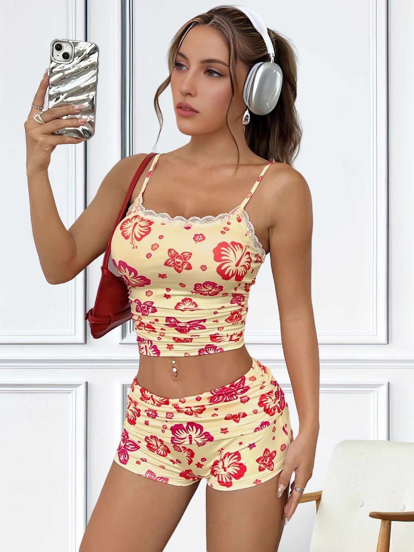 Solid Color Casual Shorts Set, Lace Trim Spaghetti Strap Cami Top & Skinny Shorts Outfits, Women's Clothing