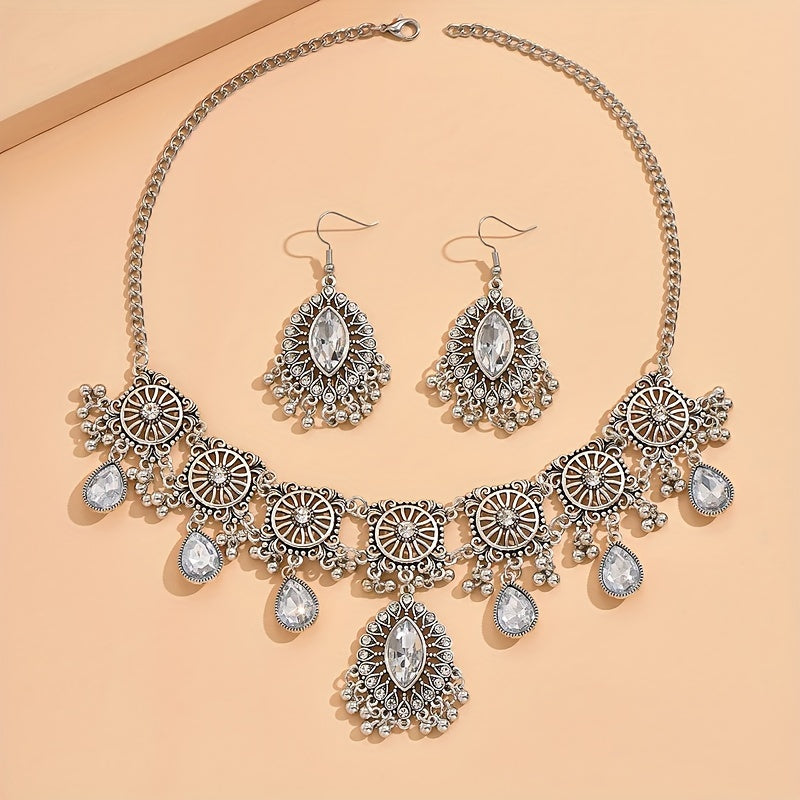 Enchanting Vintage Floral Gemstone Jewelry Set - Dazzling Dangle Earrings & Necklace - Premium Silver Plated, Ethnic Style - Perfect Womens Gift for Eid or Any Special Occasion