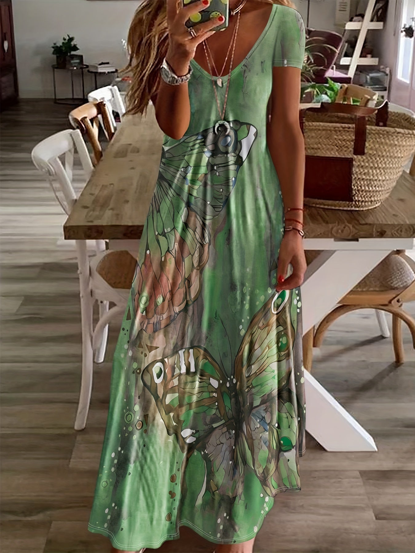 Butterfly Print V-Neck Casual Dress - Lightweight & Feminine for Spring & Summer - Short Sleeve, Comfortable Fit - Trendy Womens Clothing for Warm Weather