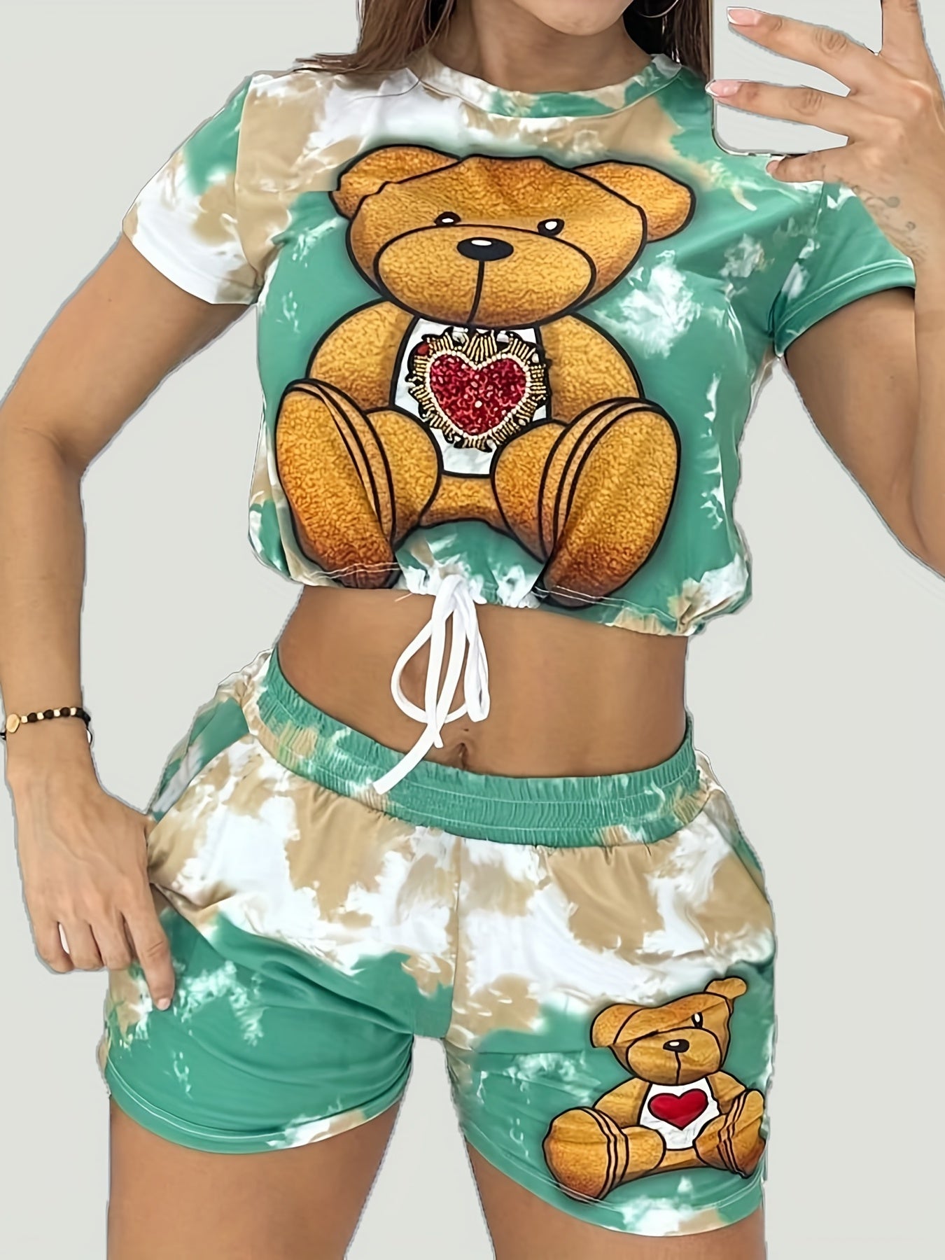 Adorable Womens Cartoon Bear Print Two-Piece Set - Comfortable Short Sleeve Tee with Adjustable Drawstring & Elastic Waist Shorts Outfit for Casual Summer Style