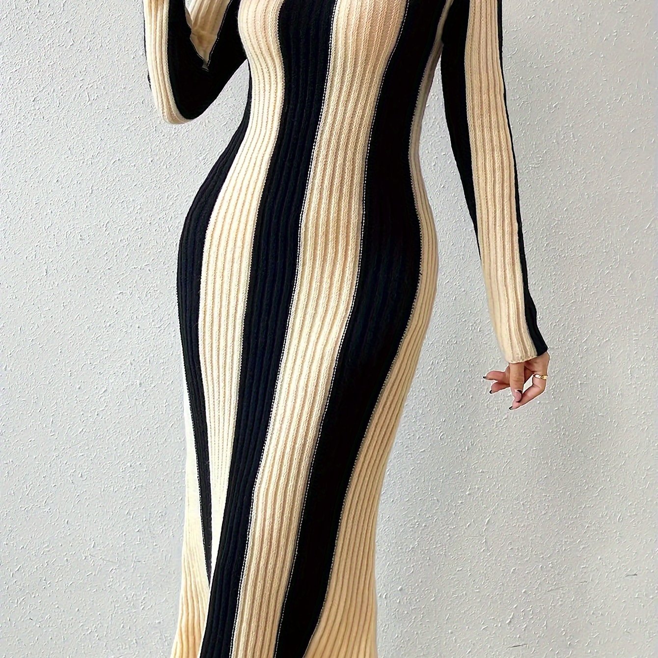 Elegant Striped Bodycon Dress | Fall/Winter Chic Long Sleeve Color Block - Rib-Knit, Crew Neck, Warm Acrylic Blend