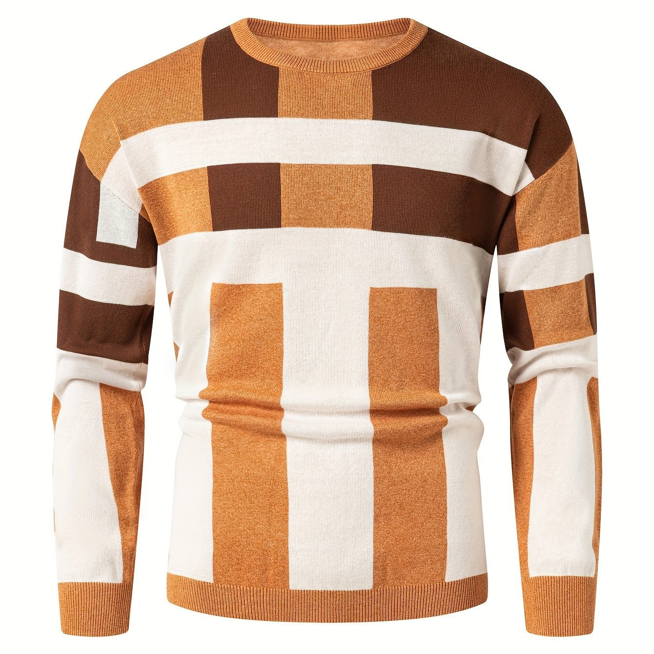 Mens Stylish Color Block Round Neck Stretch Sweater - Soft, Warm, and Trendy Pullover for Winter Outdoor Activities - Perfect for Casual Wear