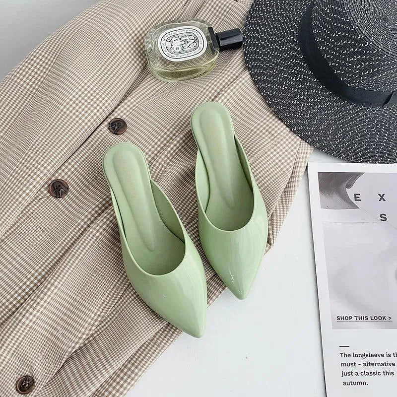 Slippers Thick Heel Plastic Mules Shoes Women Summer Sandals Pointed Toe Jelly Female Waterproof