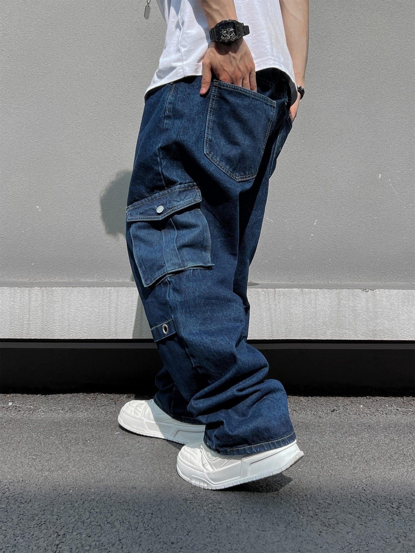 Men's Casual Loose Fit Jeans, Chic Street Style Multi Pocket Denim Pants