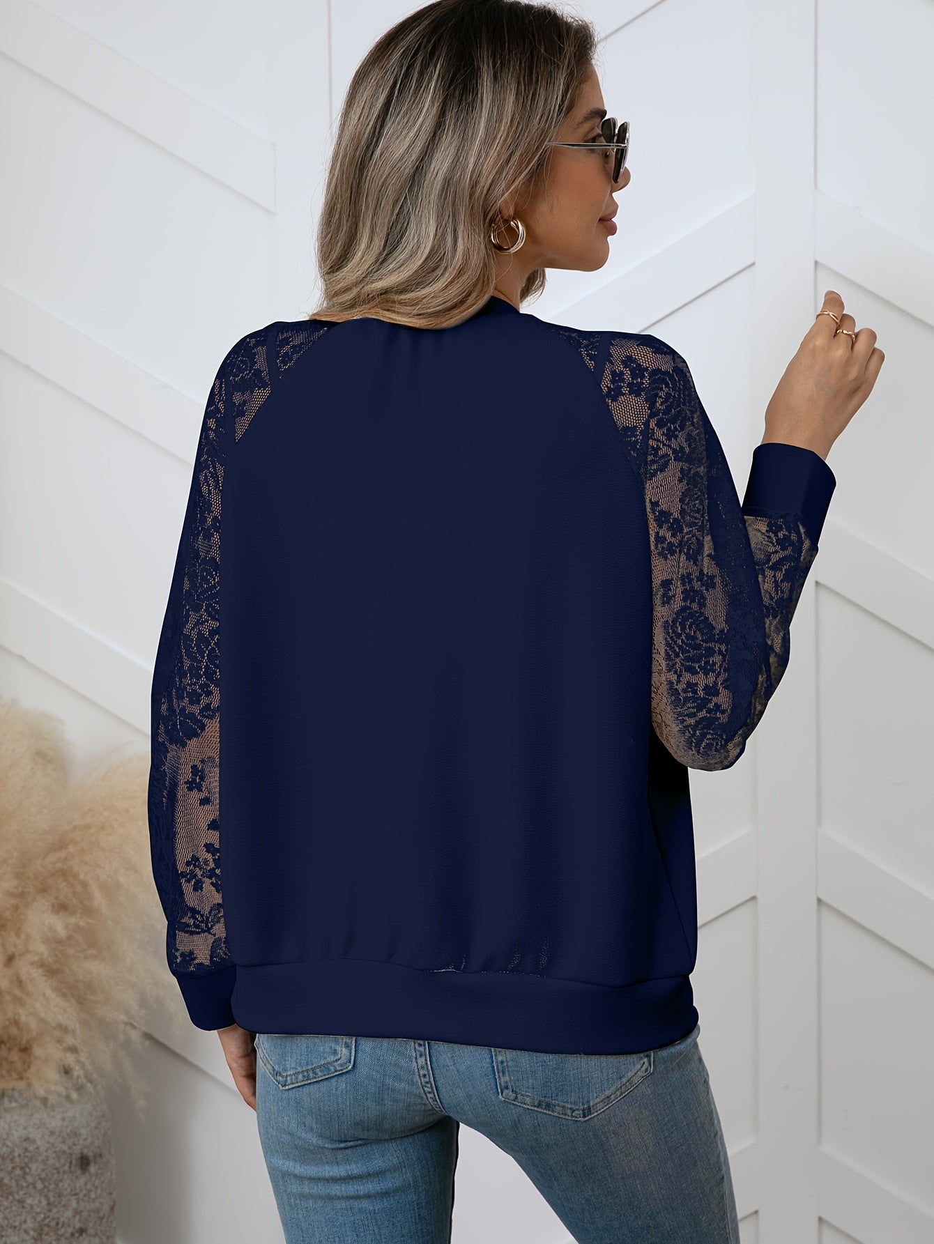 Stylish Contrast Lace Zip-Up Jacket - Water-Resistant, Breathable, Elegant Baseball Outwear for Spring and Fall Seasons - Women's Fashion Clothing for Everyday Wear