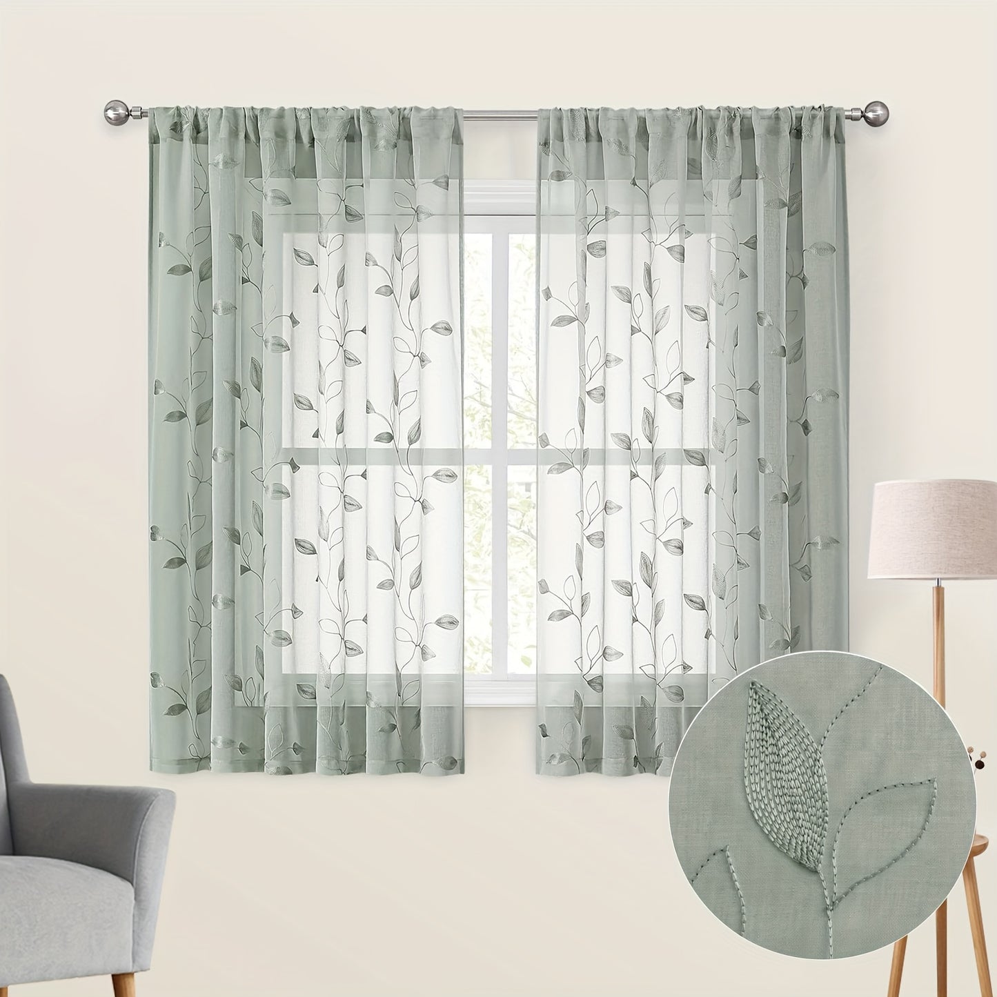 2pcs Sheer Curtains With Embroidery Leaf Pattern, Rod Pocket Faux Linen Floral Semi Curtains Voile Window Curtains Kitchen Curtains, Drapes for Bedroom Living Room