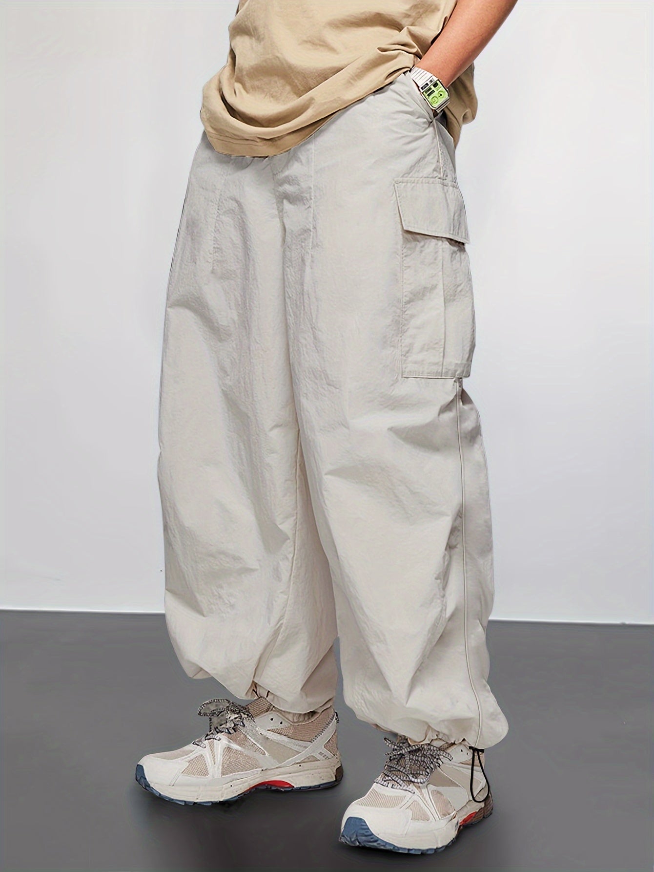 Rugged yet Stylish Mens Cargo Pants - Loose Fit, Solid Color with Flap Pockets & Adjustable Drawstring Hem - Ideal for Outdoor Adventures, Casual Wear & Street Style