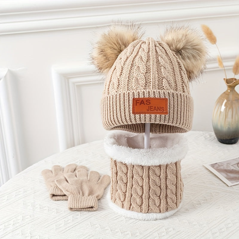 2pcs+1pair Winter Warm Double Fur Ball Knitted Hat, Neck Scarf And Gloves For Winter