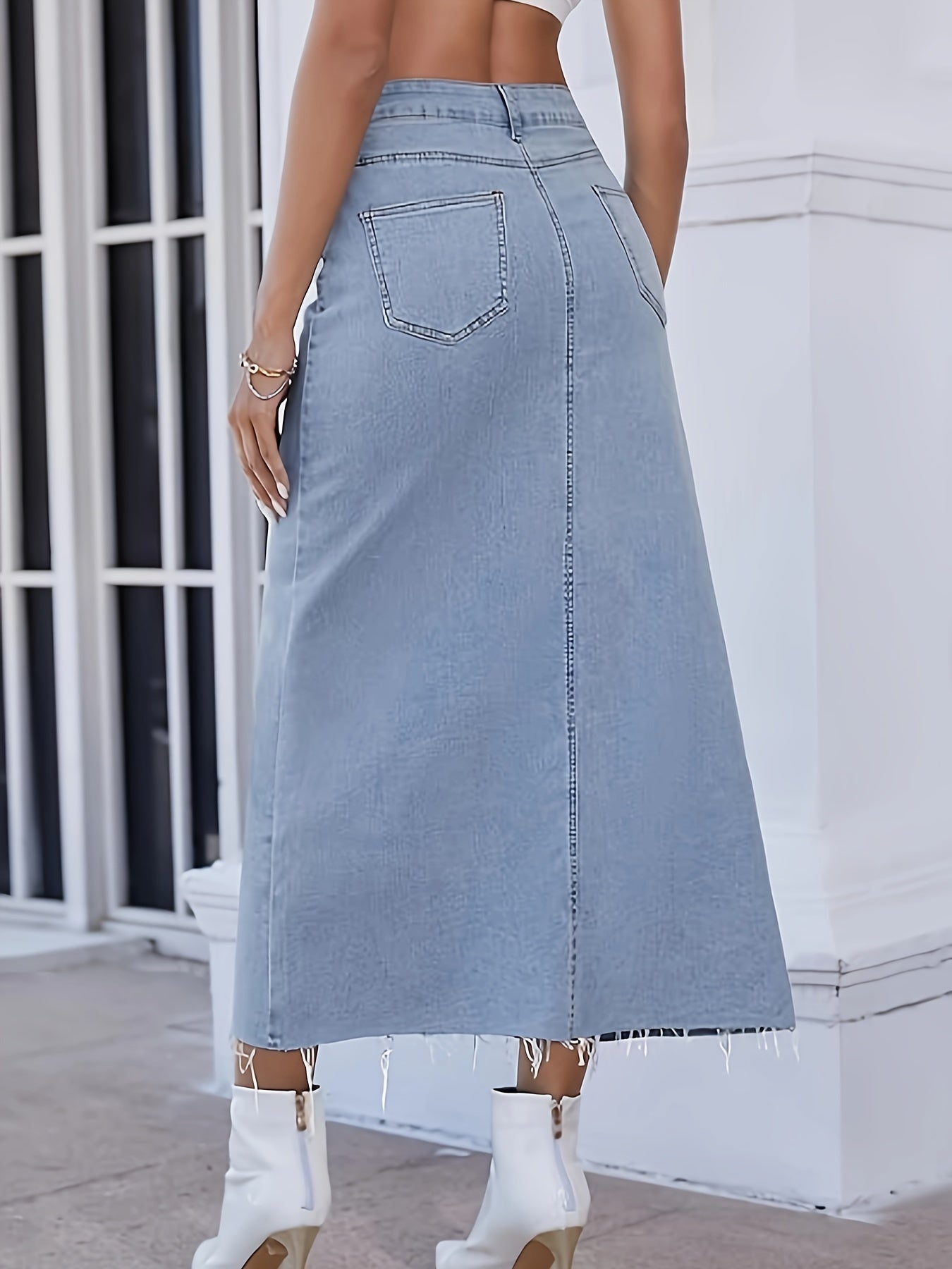 Stretchy Denim Skirt - Flattering A-line Silhouette with Classic Button Front, Trendy Raw Hem, and Ultra-Stretchy Material for Effortless Casual Style - Womens Comfortable Fashion Essential