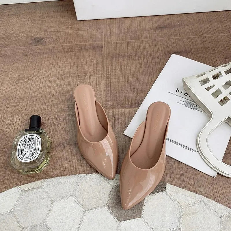 Slippers Thick Heel Plastic Mules Shoes Women Summer Sandals Pointed Toe Jelly Female Waterproof