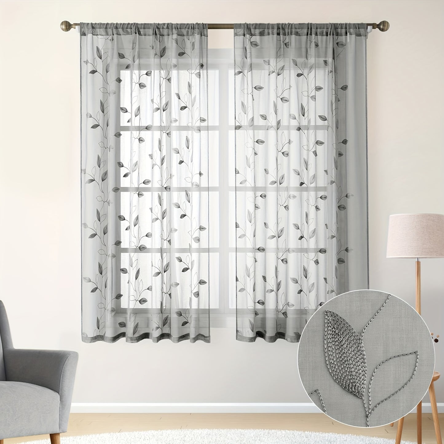 2pcs Sheer Curtains With Embroidery Leaf Pattern, Rod Pocket Faux Linen Floral Semi Curtains Voile Window Curtains Kitchen Curtains, Drapes for Bedroom Living Room