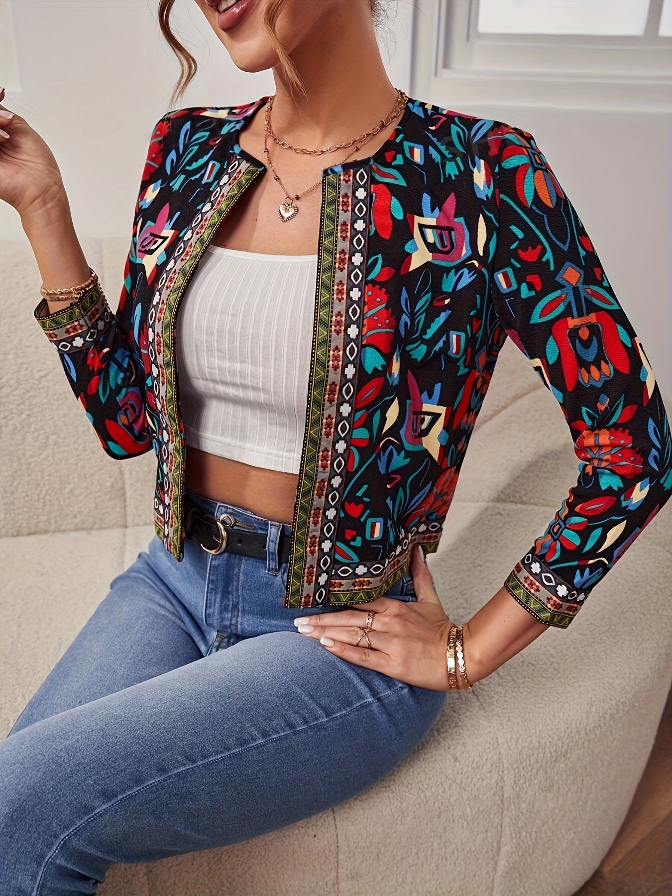 Stylish Ethnic Print Open Front Long Sleeve Slim Fit Jacket - Elegant Spring and Fall Essential, Soft and Cozy, Women's Clothing for Chic Ladies