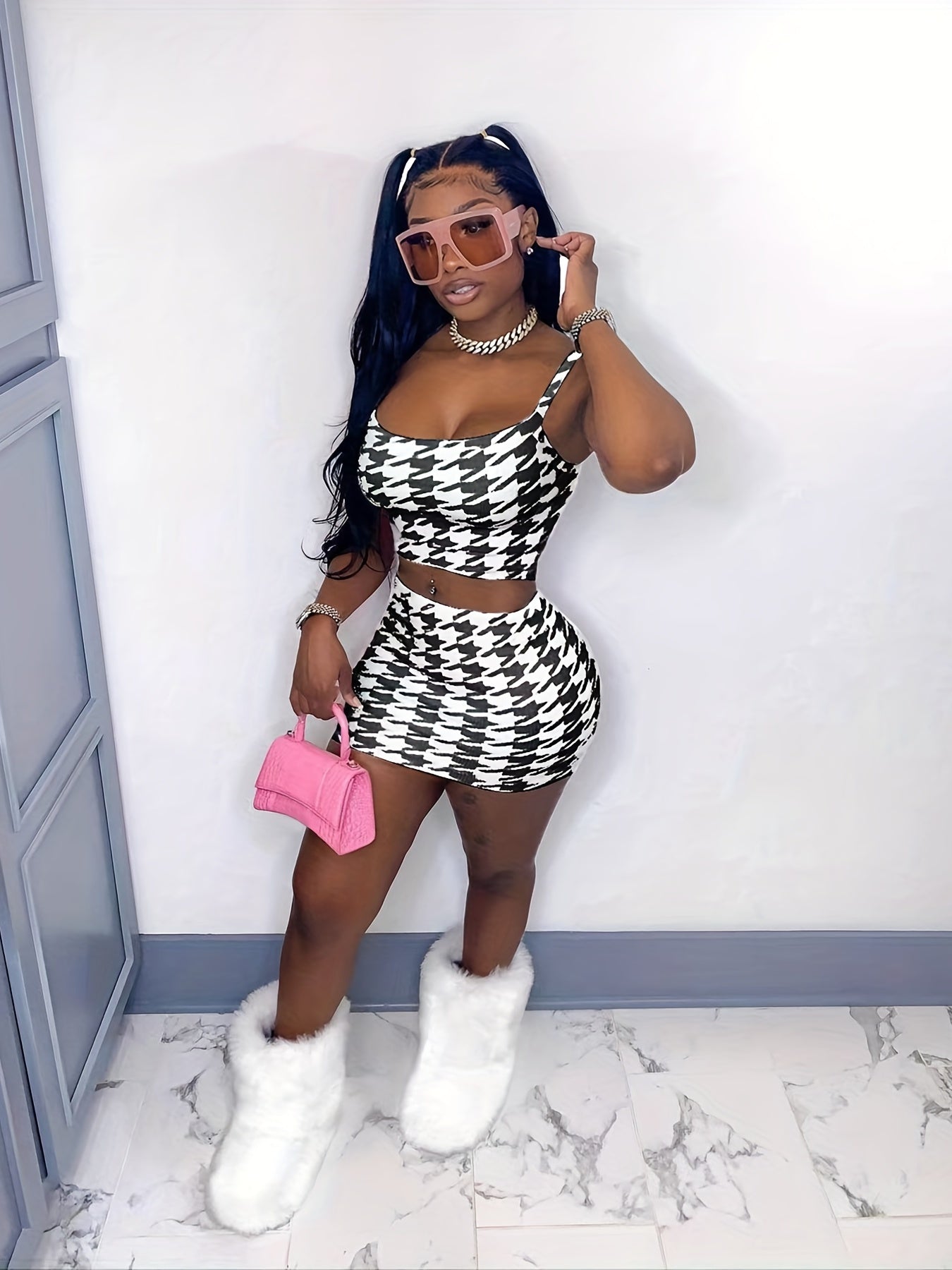 Chic Houndstooth Two-piece Skirt Set - Flattering Crop Cami Top & Figure-Sculpting Bodycon Skirt Outfit - Fashion-Forward Womens Clothing