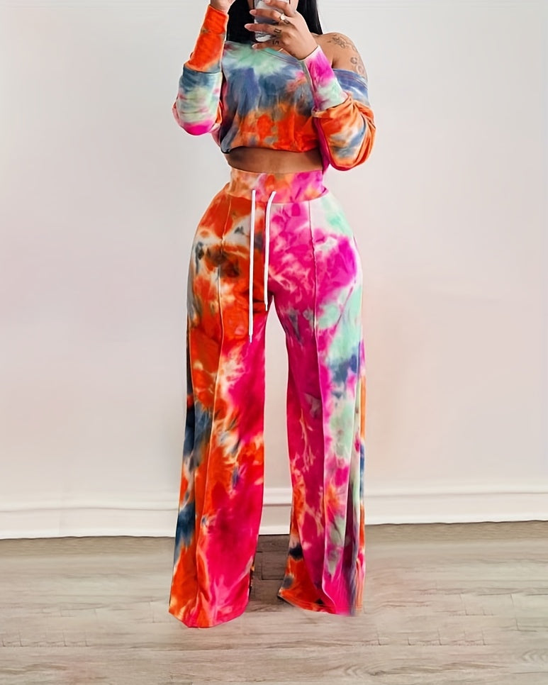 Trendy Tie Dye Two-piece Outfit Set - Soft Long Sleeve Crop Top & Adjustable Drawstring Pants - Casual, Comfortable, and Flattering Womens Clothing
