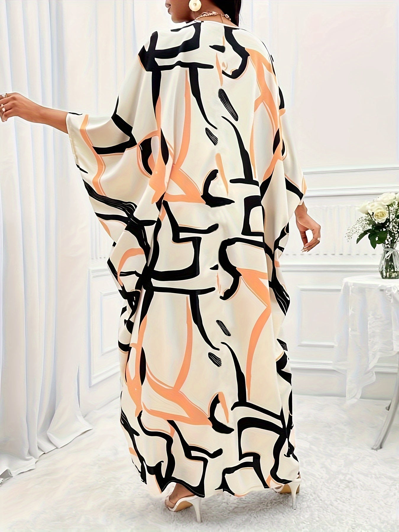 Two-Piece All Over Print Elegant Outfit - V Neck Batwing Sleeve Slit Top & High-Waisted Pants Set - Polyester, Non-Elastic, Woven, Random Print, Suitable for All Seasons