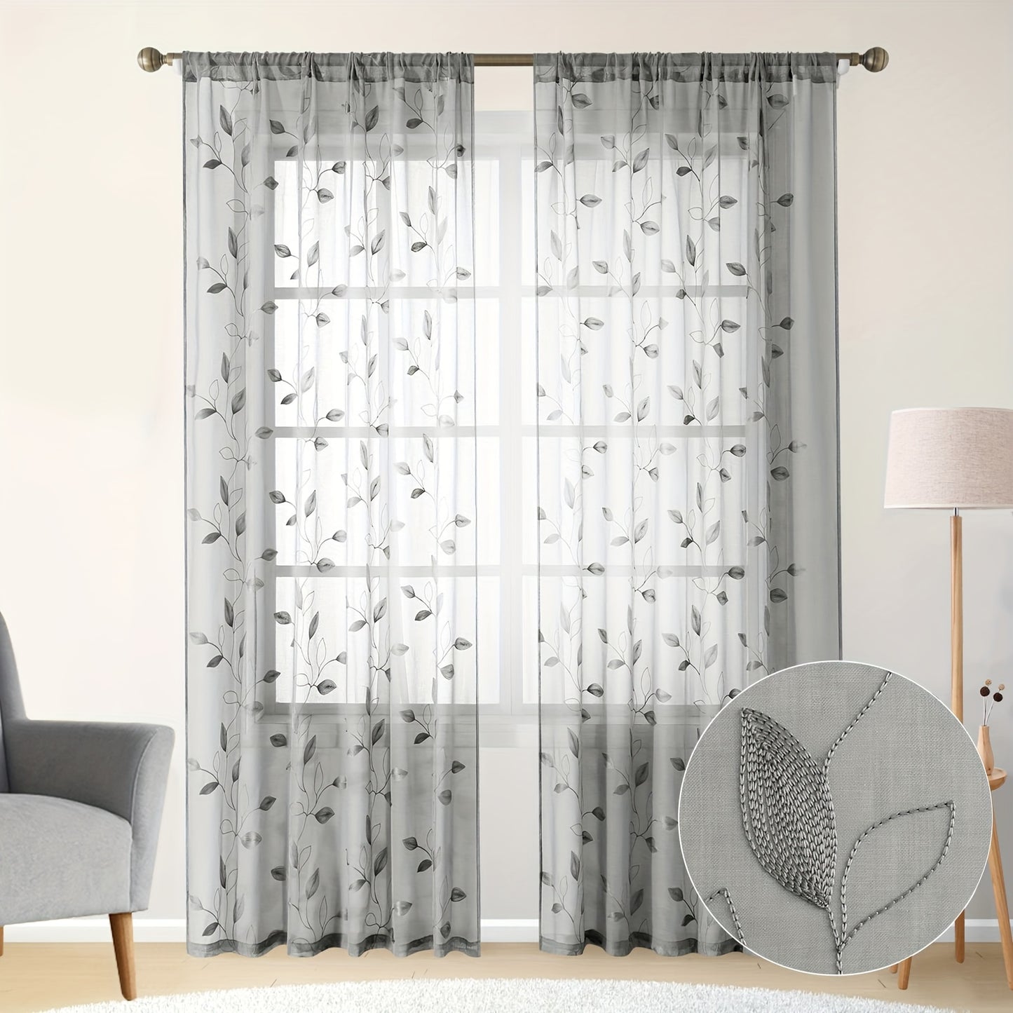 2pcs Sheer Curtains With Embroidery Leaf Pattern, Rod Pocket Faux Linen Floral Semi Curtains Voile Window Curtains Kitchen Curtains, Drapes for Bedroom Living Room