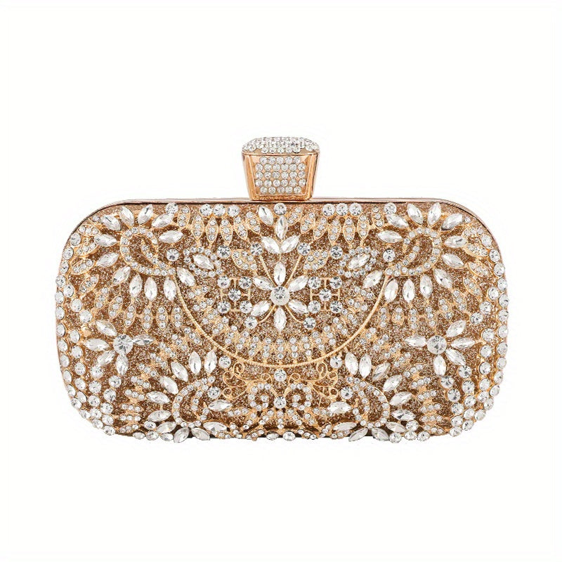 Hollow Rhinestone Flower Evening Bag, Luxury Box Clutch Purse, Women's Handbag For Wedding Party Prom Banquet And For Music Festival