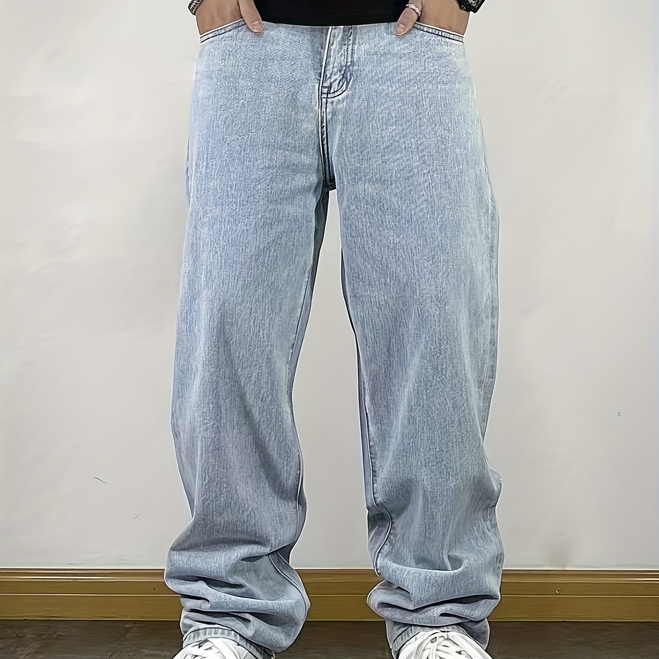 Men's Street Style Loose Fit Denim Jeans - Washed Solid Color Extra Long Straight Leg Trousers, Cotton 75%, Polyester 25%, Non-Stretch, All-Season Woven Fabric