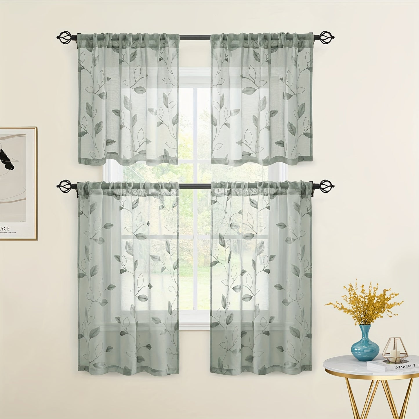 2pcs Sheer Curtains With Embroidery Leaf Pattern, Rod Pocket Faux Linen Floral Semi Curtains Voile Window Curtains Kitchen Curtains, Drapes for Bedroom Living Room